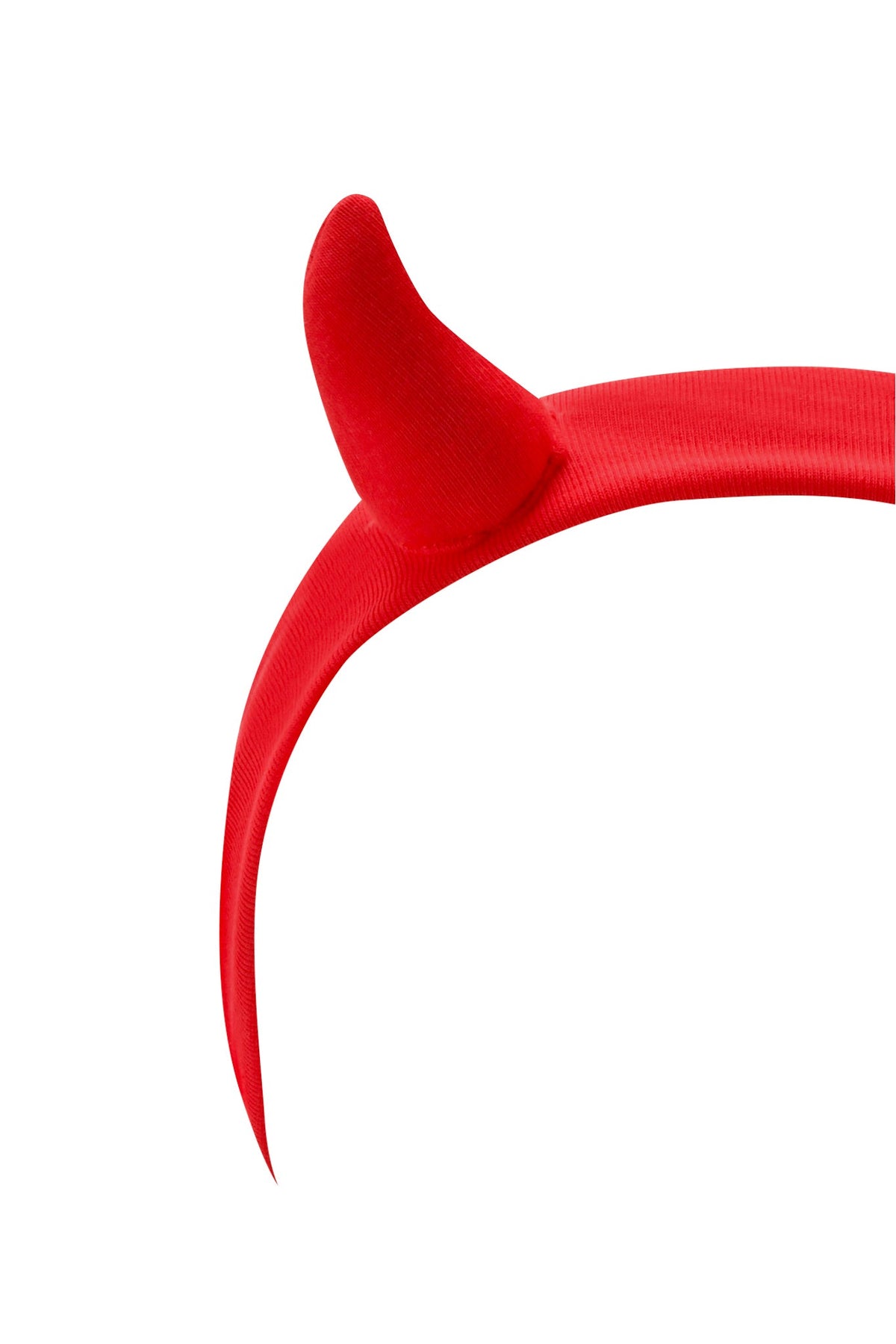 A close-up of the T-REX HORN HEADBAND - RED by I.AM.GIA, featuring a single fabric horn and adjustable snap closure, shown against a white background. Perfect for festivals.