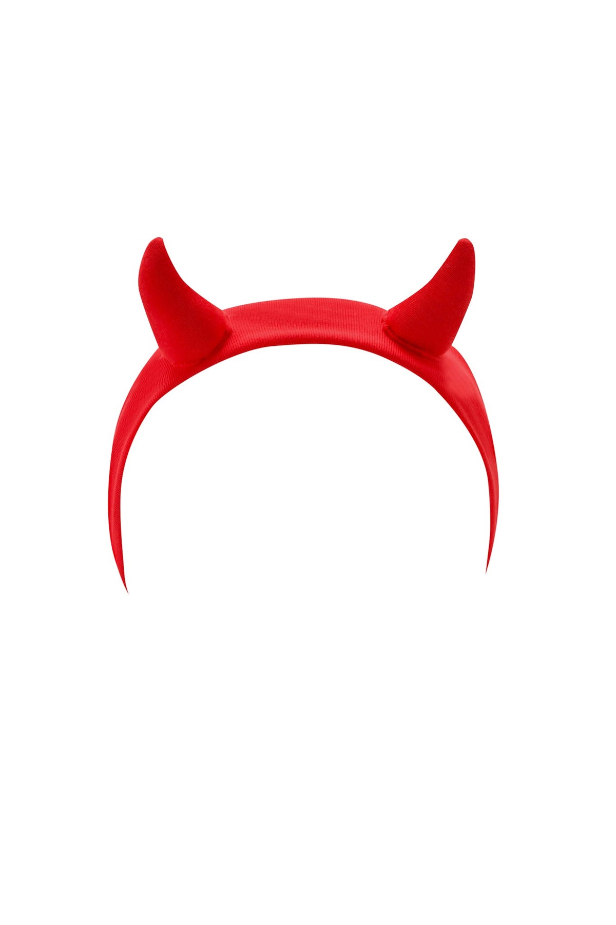 The T-REX HORN HEADBAND - RED by I.AM.GIA features two upright red horns and an adjustable snap closure, shown on a plain white background—perfect for festivals.