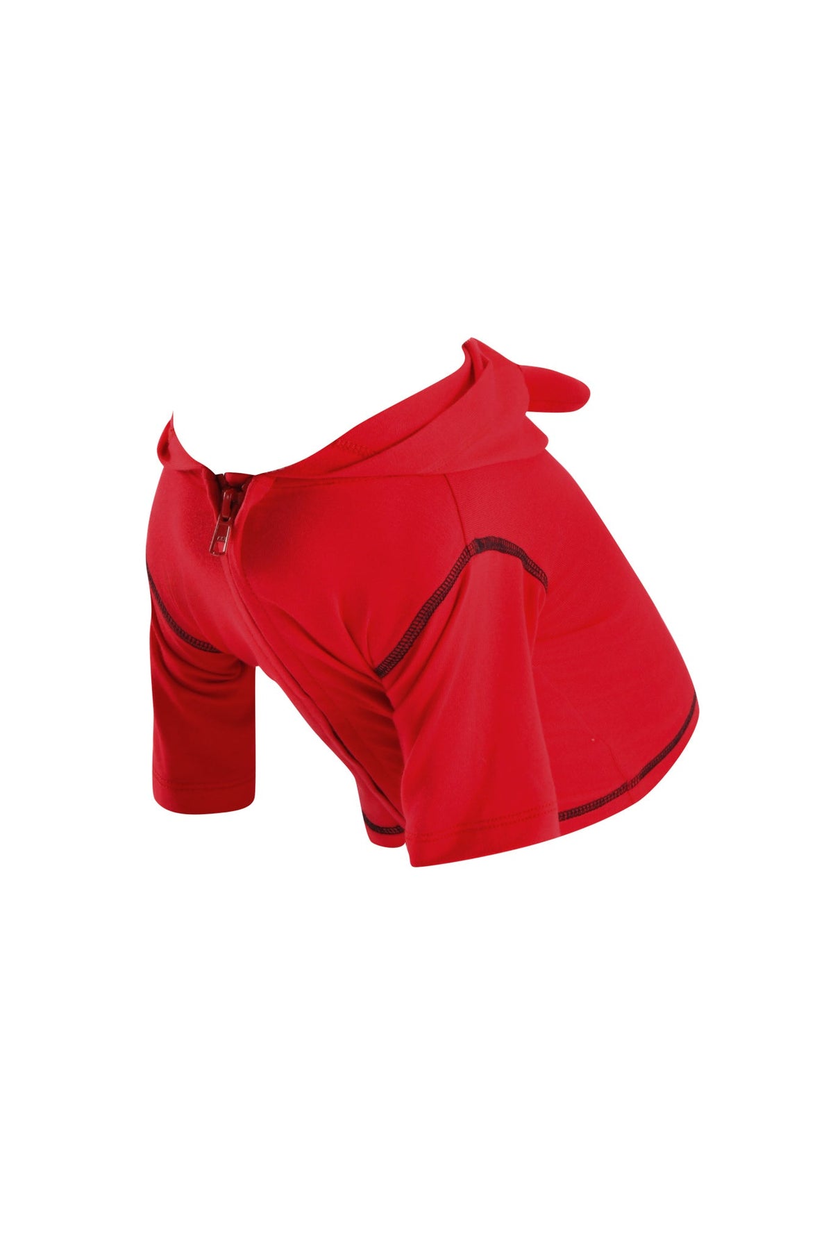 The T-REX BEST FRIEND BLARE HORN DOG HOODIE - RED by I.AM.GIA features a front zipper, short sleeves, and black stitching, shown on a white background.