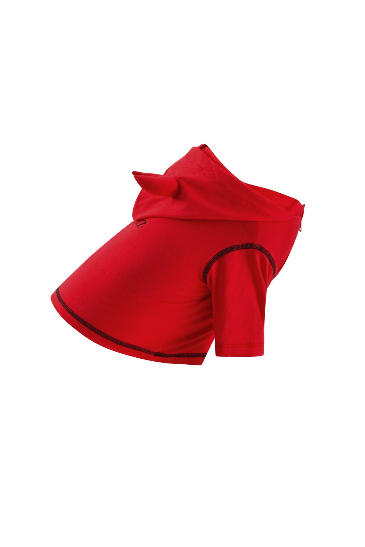 T-REX BEST FRIEND BLARE HORN DOG HOODIE - RED by I.AM.GIA: A red short-sleeve hoodie with black trim and devil horns, designed for small dogs or cats, shown on a plain white background.
