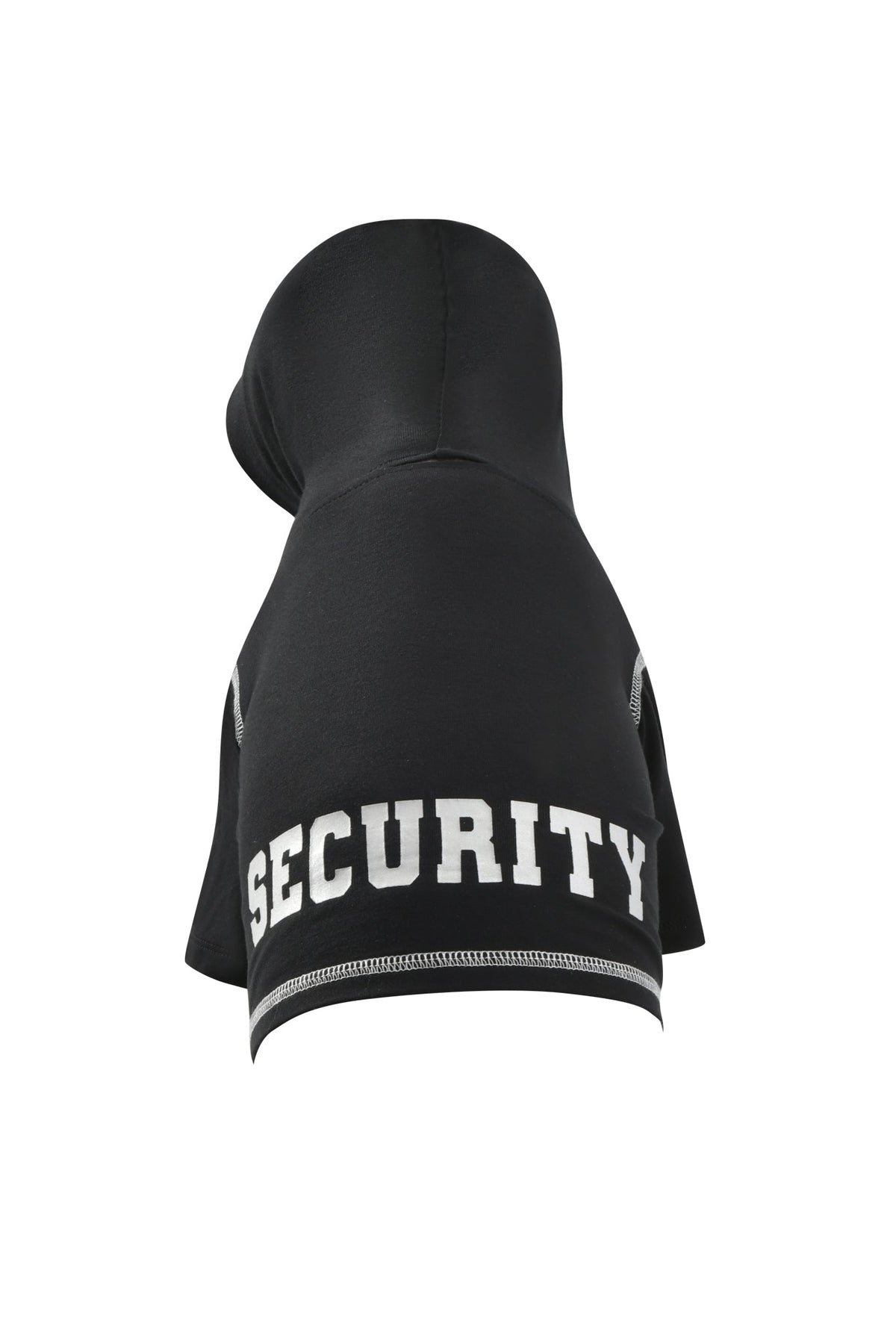 The I.AM.GIA BLARE DOG HOODIE - JET BLACK : SECURITY is a soft viscose jersey hoodie for small animals, featuring a hood and a bold, reflective “SECURITY” graphic on the back.