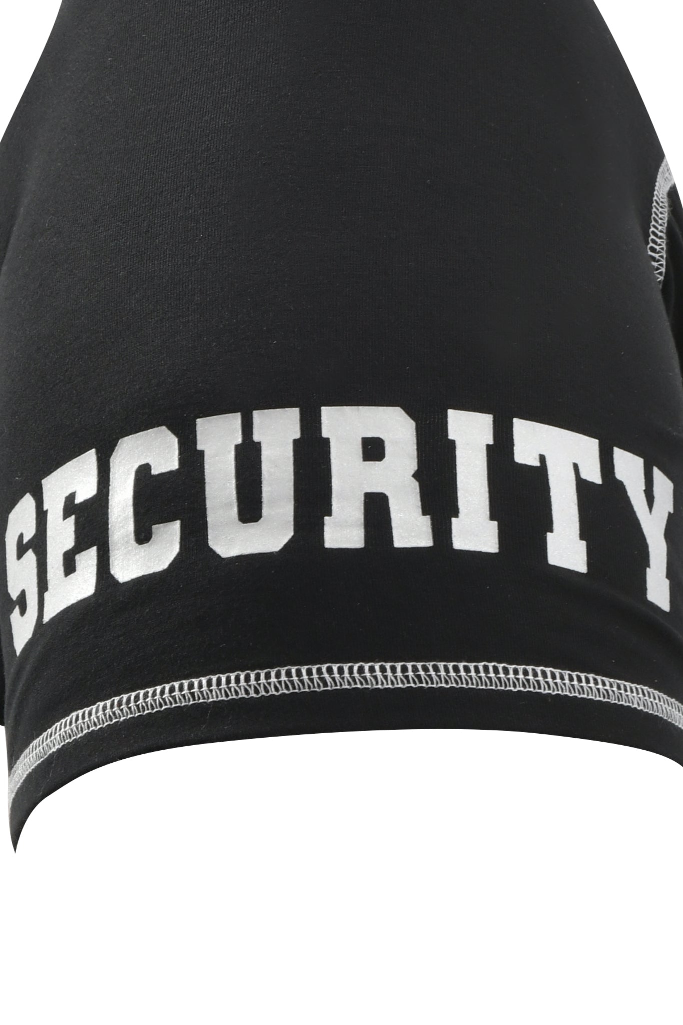 Introducing the BLARE DOG HOODIE - JET BLACK : SECURITY from I.AM.GIA, crafted from soft viscose jersey in a comfortable hoodie style for dogs. This black fabric design showcases the word “SECURITY” in bold, white, capital letters across the back, highlighted by a reflective graphic and accented with visible white stitching along the edges.