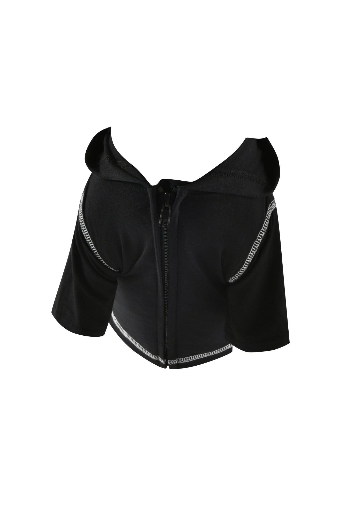 The BLARE DOG HOODIE - JET BLACK : SECURITY by I.AM.GIA is a black cropped hoodie featuring short sleeves, an off-the-shoulder design, a front zip closure, and visible white stitching. Made from soft viscose jersey, it is presented against a plain white background.
