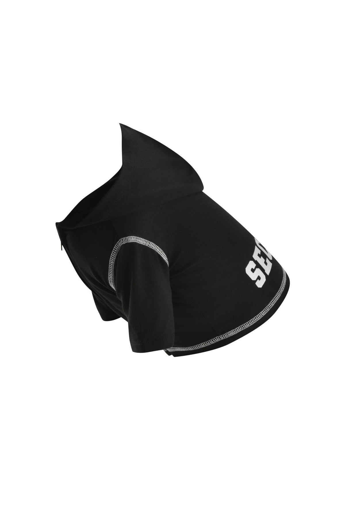 Introducing the BLARE DOG HOODIE - JET BLACK : SECURITY from I.AM.GIA—a black hooded dog hoodie crafted from soft viscose jersey, detailed with white trim and finished with a bold, reflective “SECURITY” graphic on the back.