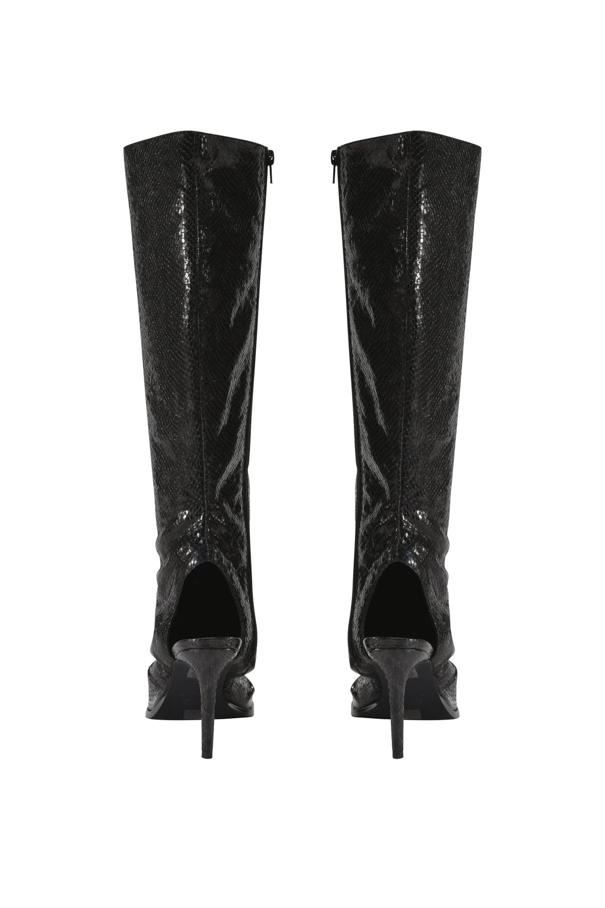 A pair of black snakeskin ANYA PEEP TOE BOOT - BLACK knee-high boots featuring peep toes, stiletto heels, and open heels.