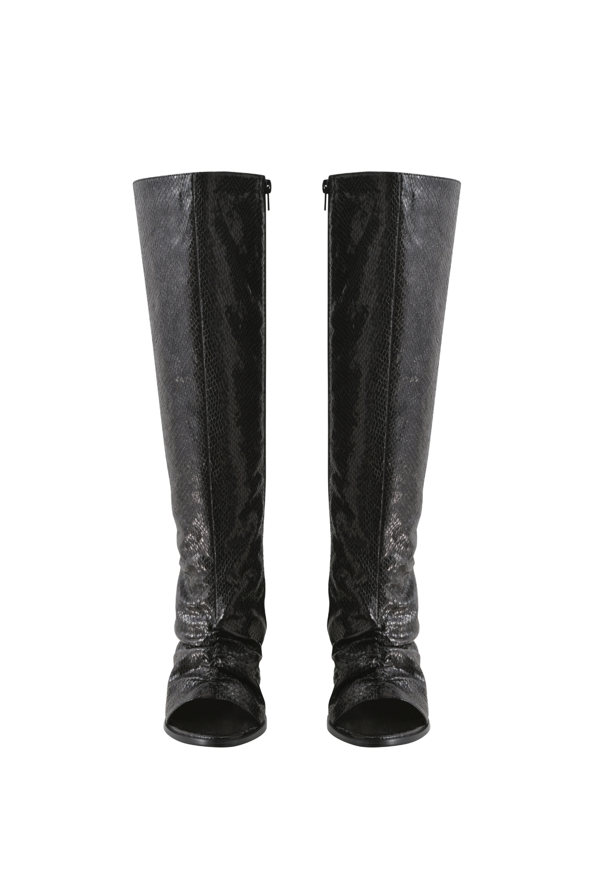 I.AM.GIA ANYA PEEP TOE BOOT - BLACK knee-high boots in a textured black snakeskin finish.