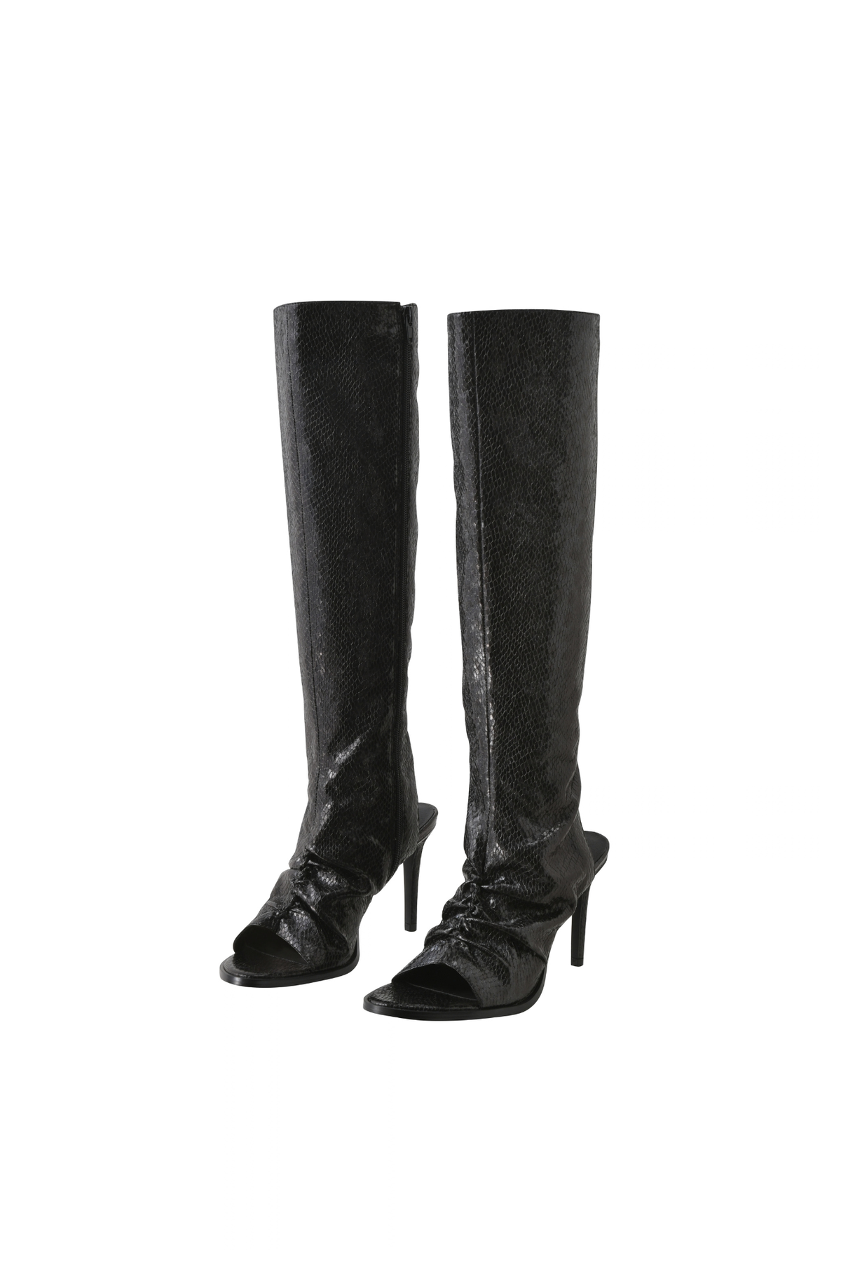 Black ANYA PEEP TOE BOOT knee-high boots with peep toes, ruched fronts, and stiletto heels.