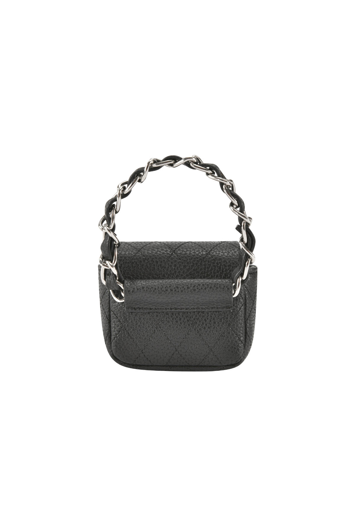 I.AM.GIA CARRIE ANKLET PURSE - BLACK, a small black faux leather quilted handbag with a silver chain handle.