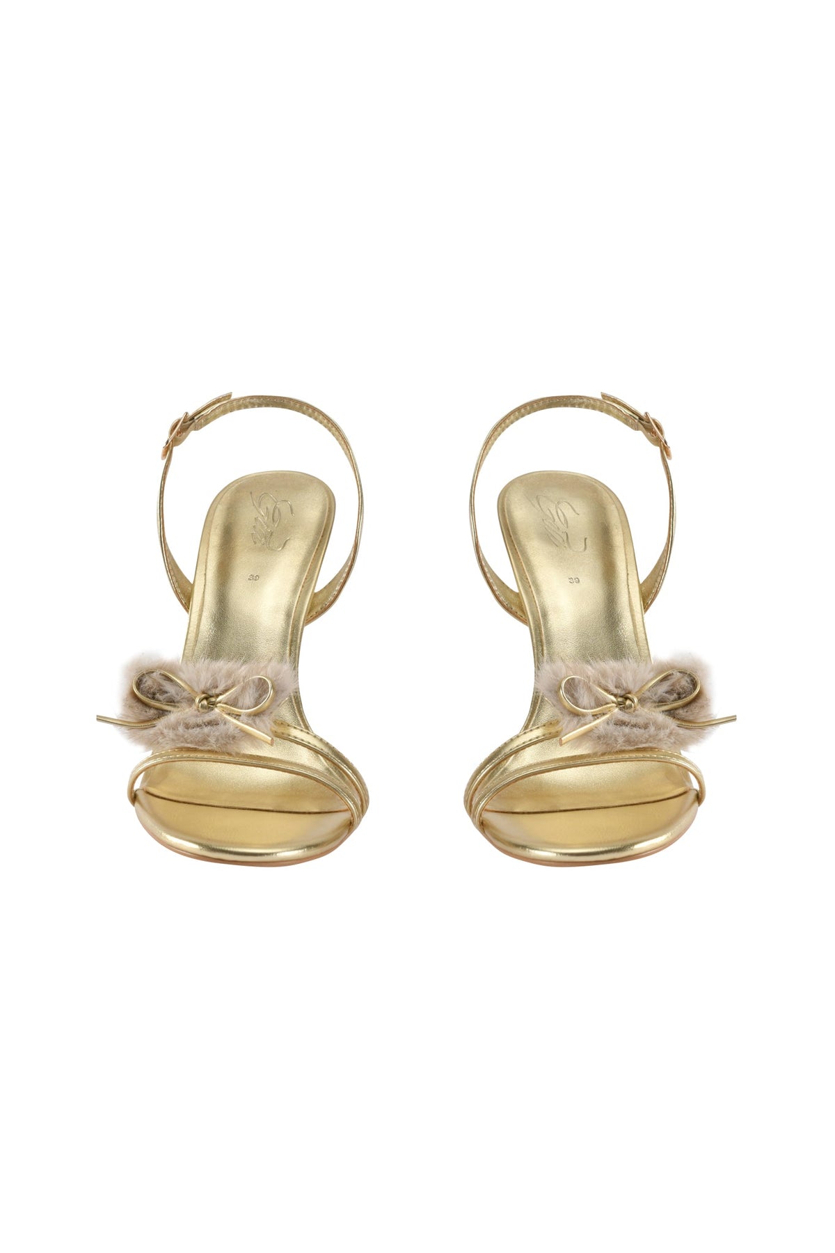 Metallic gold AURA SLINGBACK FAUX FUR HEEL slingback heels featuring a fluffy faux fur bow detail on the toe strap.