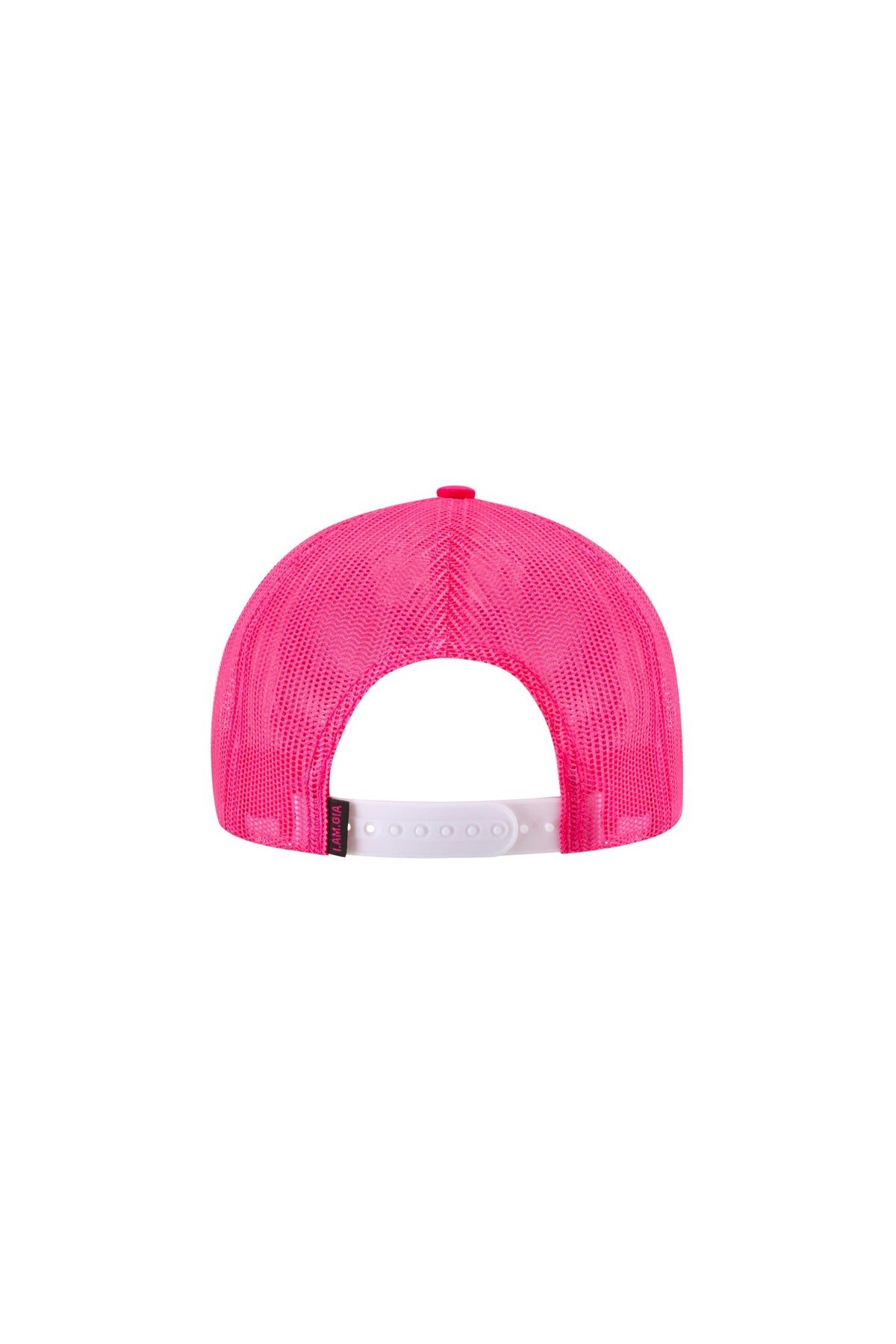 Back view of an I.AM.GIA YVL TRUCKER HAT - PINK featuring hot pink zebra print and a white adjustable snapback closure.
