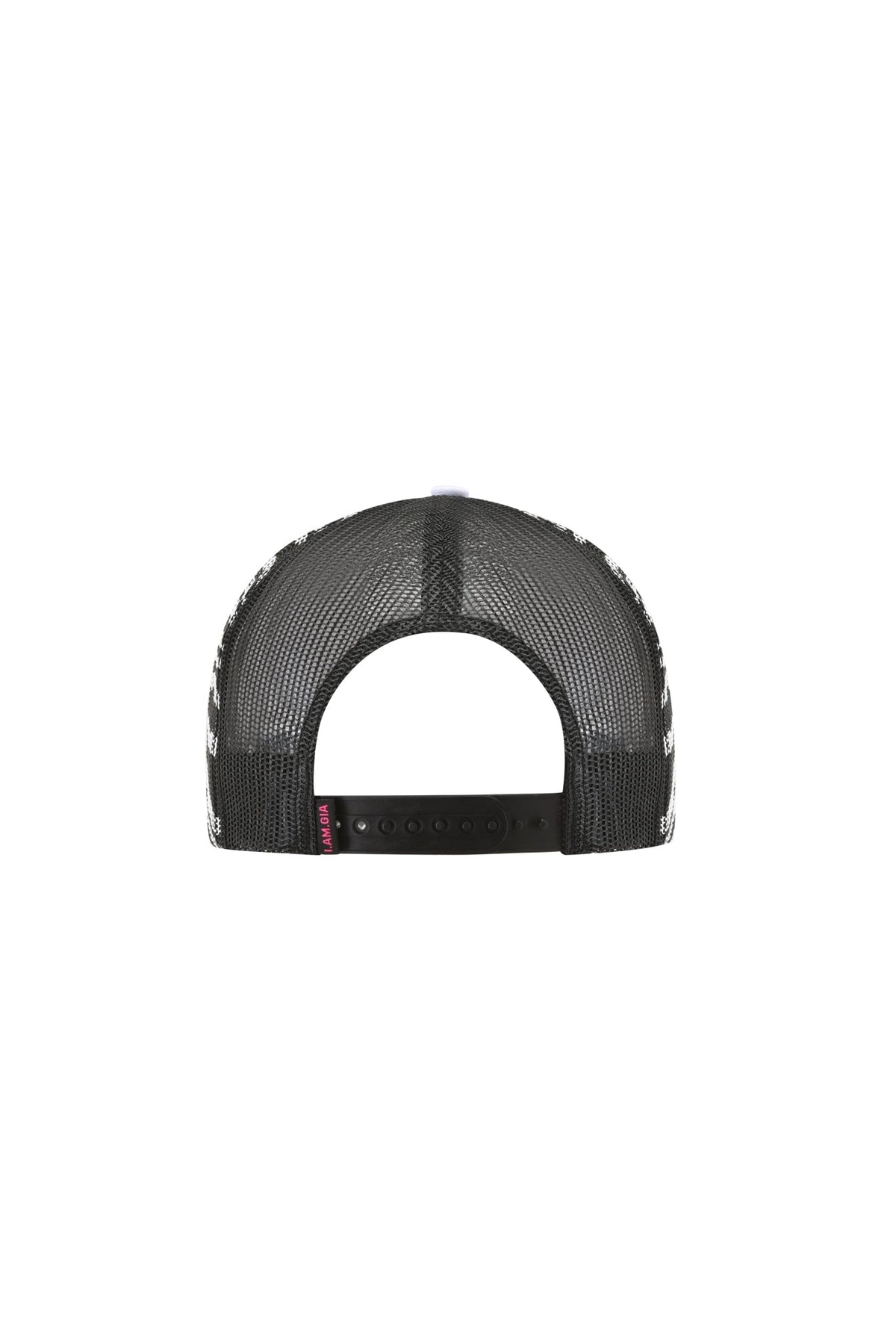 Back view of a black and white YVL TRUCKER HAT - ZEBRA by I.AM.GIA, featuring a mesh design and an adjustable snapback closure.