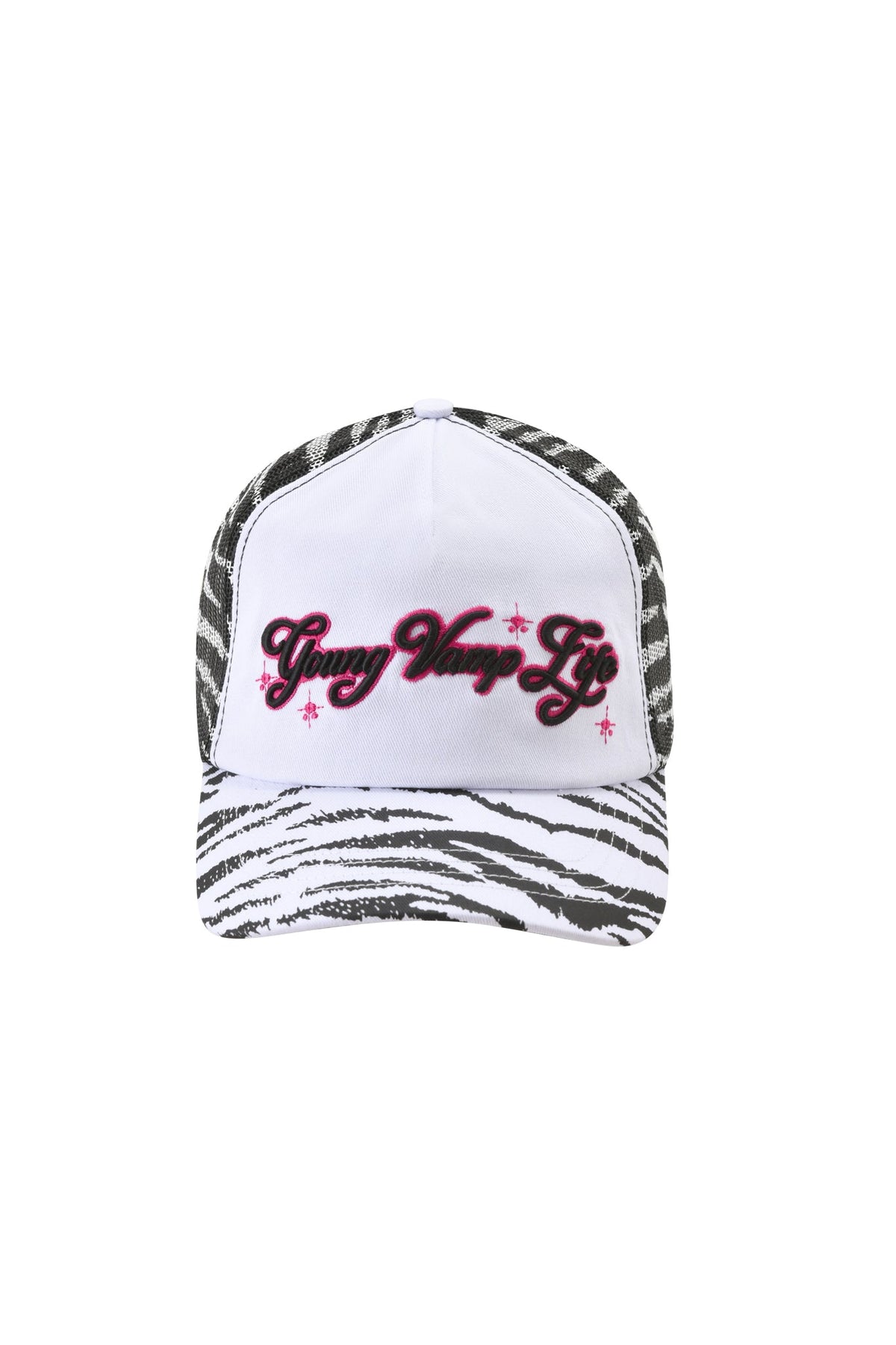 YVL TRUCKER HAT - ZEBRA with a white front panel featuring the pink embroidered text “Young Vamp Life” and a zebra print mesh back.