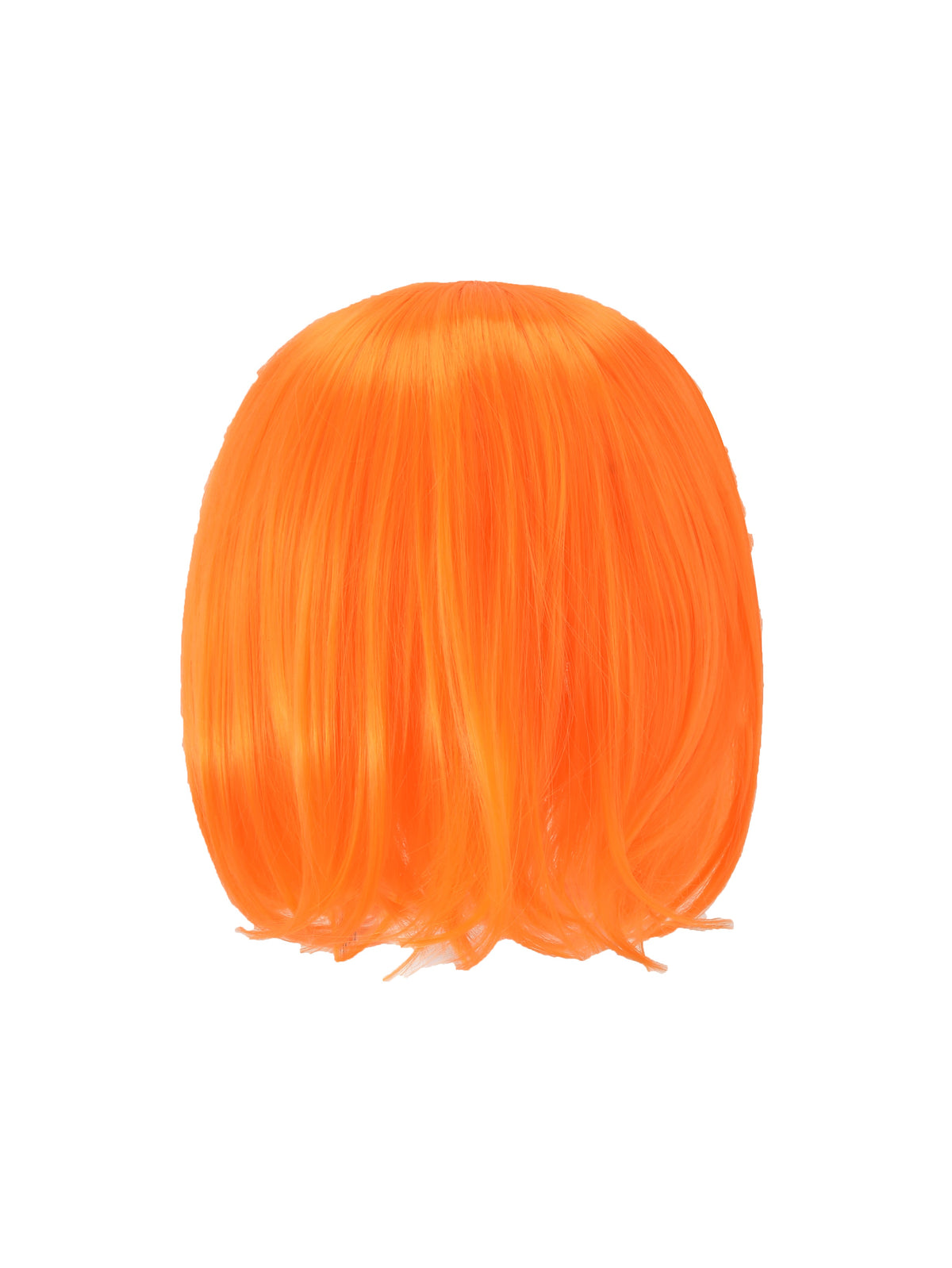 Introducing the QUINTA WIG - ORANGE by I.AM.GIA, a vibrant orange synthetic bob featuring smooth, shiny hair. Displayed against a plain white background, this full-coverage wig completely conceals the back of the head and makes an ideal accessory for sci-fi costumes.