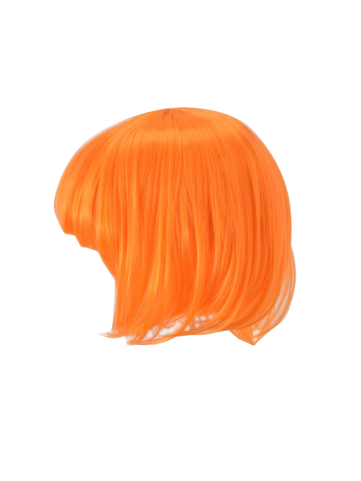 The QUINTA WIG - ORANGE by I.AM.GIA is a vibrant orange, chin-length synthetic wig featuring straight hair and bangs, making it an ideal sci-fi costume accessory, showcased against a plain white background.