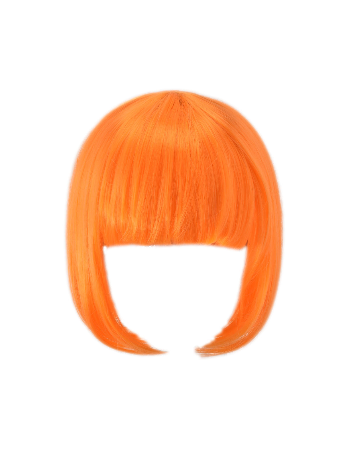 QUINTA WIG - ORANGE by I.AM.GIA is a vibrant orange synthetic bob wig featuring straight hair, blunt bangs, and chic chin-length ends. Displayed on a white background with a blank face area, this statement accessory is ideal for adding a futuristic touch to any sci-fi costume.