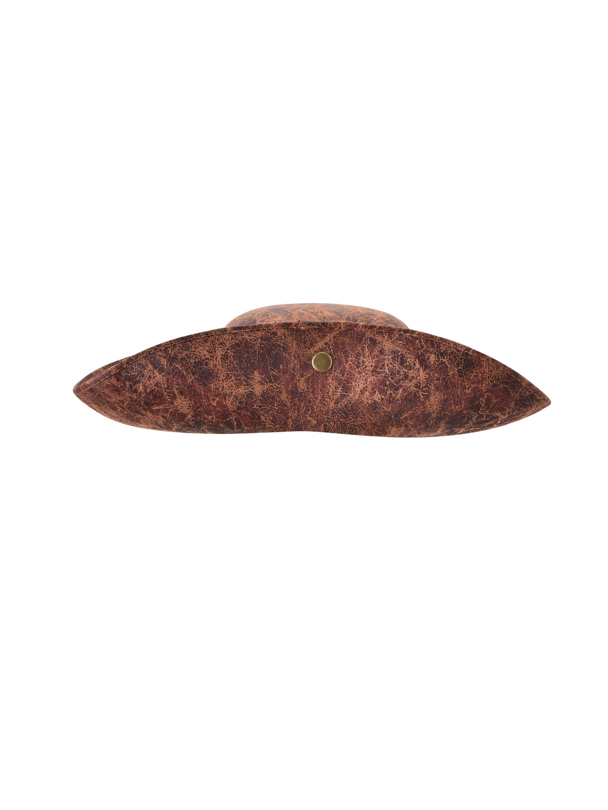 The BONNY PIRATE HAT - BROWN by I.AM.GIA features a distressed, weathered leather look with a curved, crescent shape and a central snap fastener, displayed against a flat white background—making it the perfect pirate costume accessory.