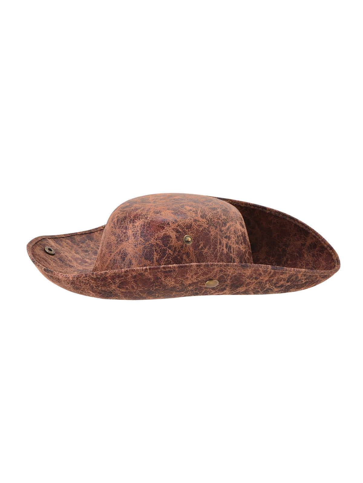 The BONNY PIRATE HAT - BROWN by I.AM.GIA is a distressed brown leather hat with a wide brim turned up at the sides, evoking the classic style of Australian outback and cowboy hats. Shown against a white background, this versatile accessory is also perfect for completing a pirate costume.