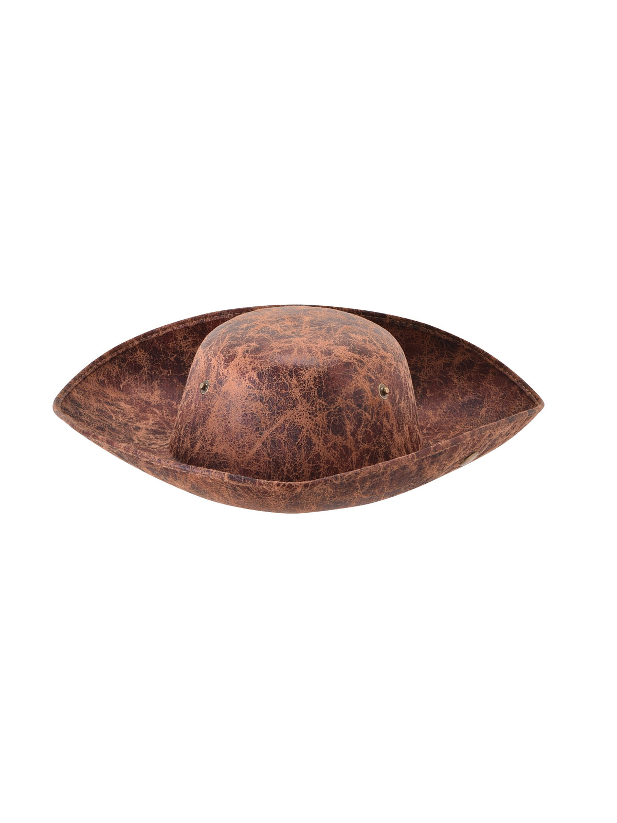 The I.AM.GIA BONNY PIRATE HAT - BROWN is a classic colonial-style tricorn hat crafted from distressed brown leather. Displayed from the front against a white background, this weathered pirate accessory features three upturned sides, making it the ideal addition to any pirate costume.