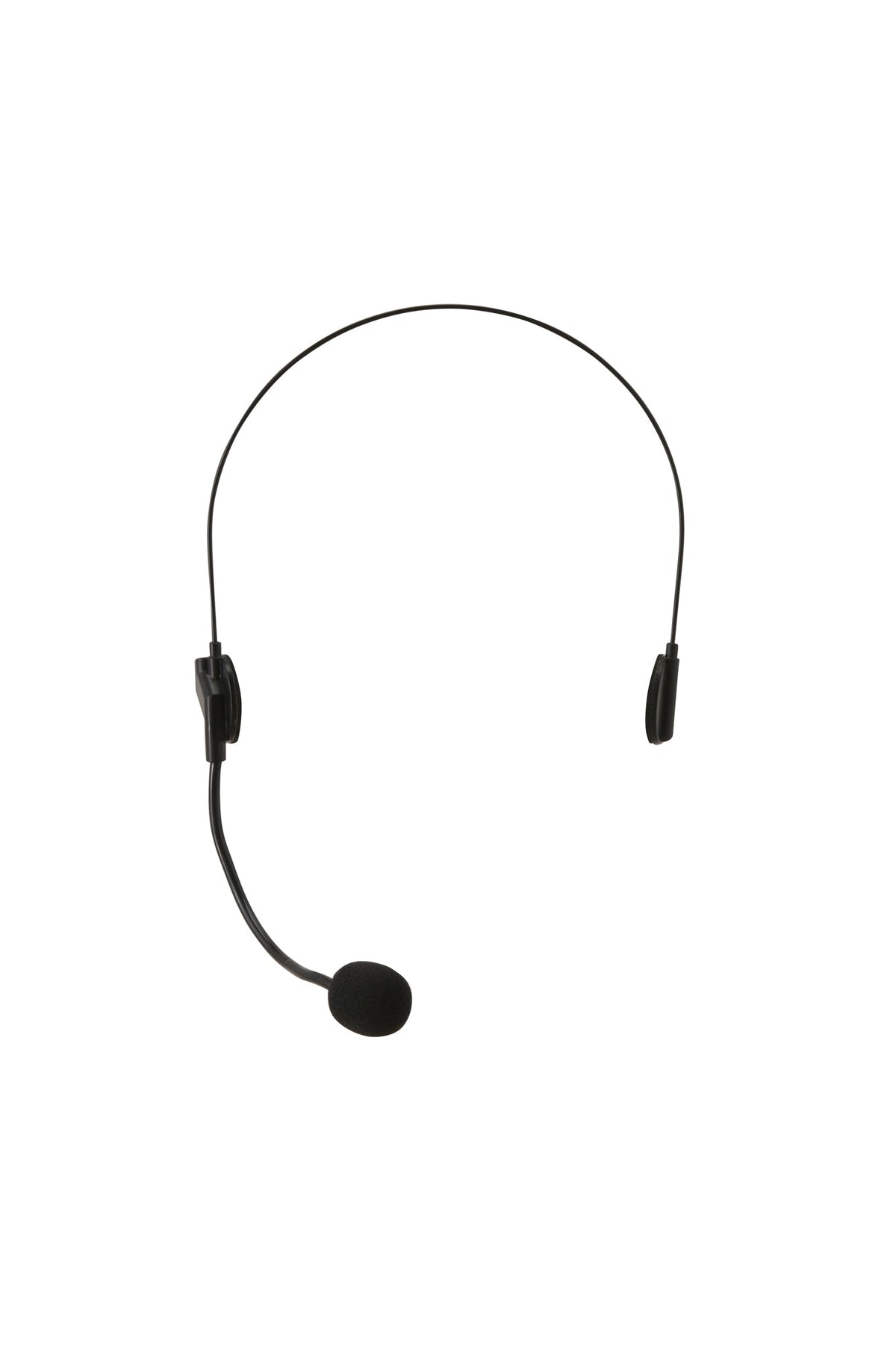 The CHER HEADSET - BLACK by I.AM.GIA features a sleek, thin headband and a foam-covered microphone on one side, all in black and displayed against a white background—perfect as an eye-catching costume accessory.