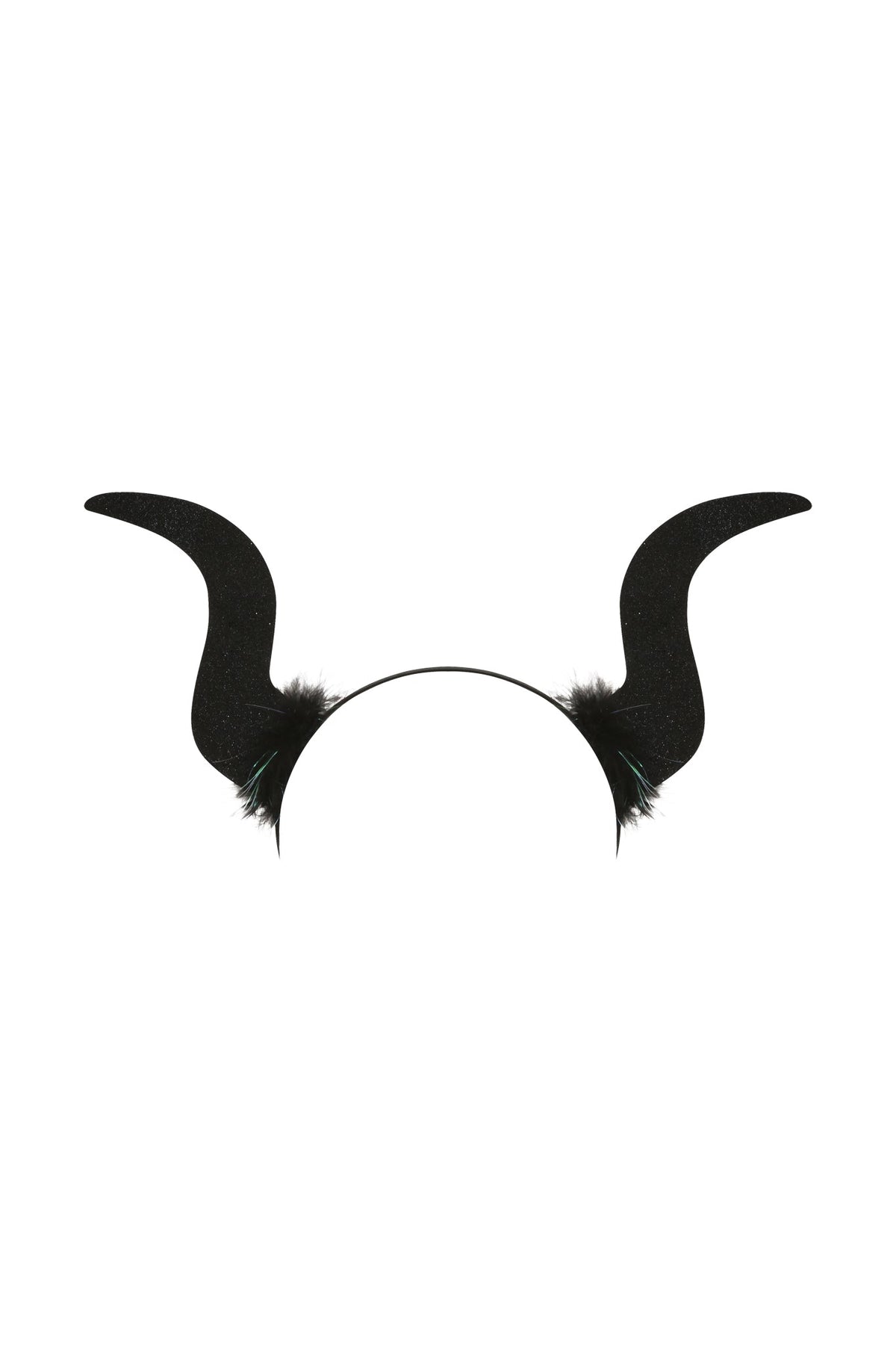 The KIARA DARK ANGEL WINGS SET - BLACK by I.AM.GIA features a black headband adorned with large, curved black horns and small tufts of black fur at the base, making it perfect for completing a dark angel costume. Displayed on a white background.