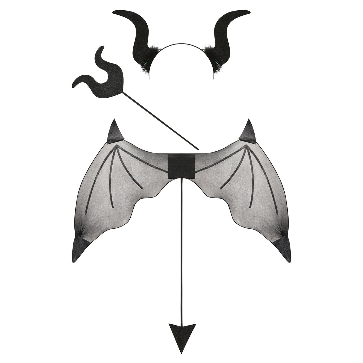 The KIARA DARK ANGEL WINGS SET - BLACK by I.AM.GIA, featuring bat-inspired wings, a horned headband, sparkling black pitchfork trident wand, and a pointed tail, is artfully arranged on a white background—a perfect choice for a striking dark angel costume.