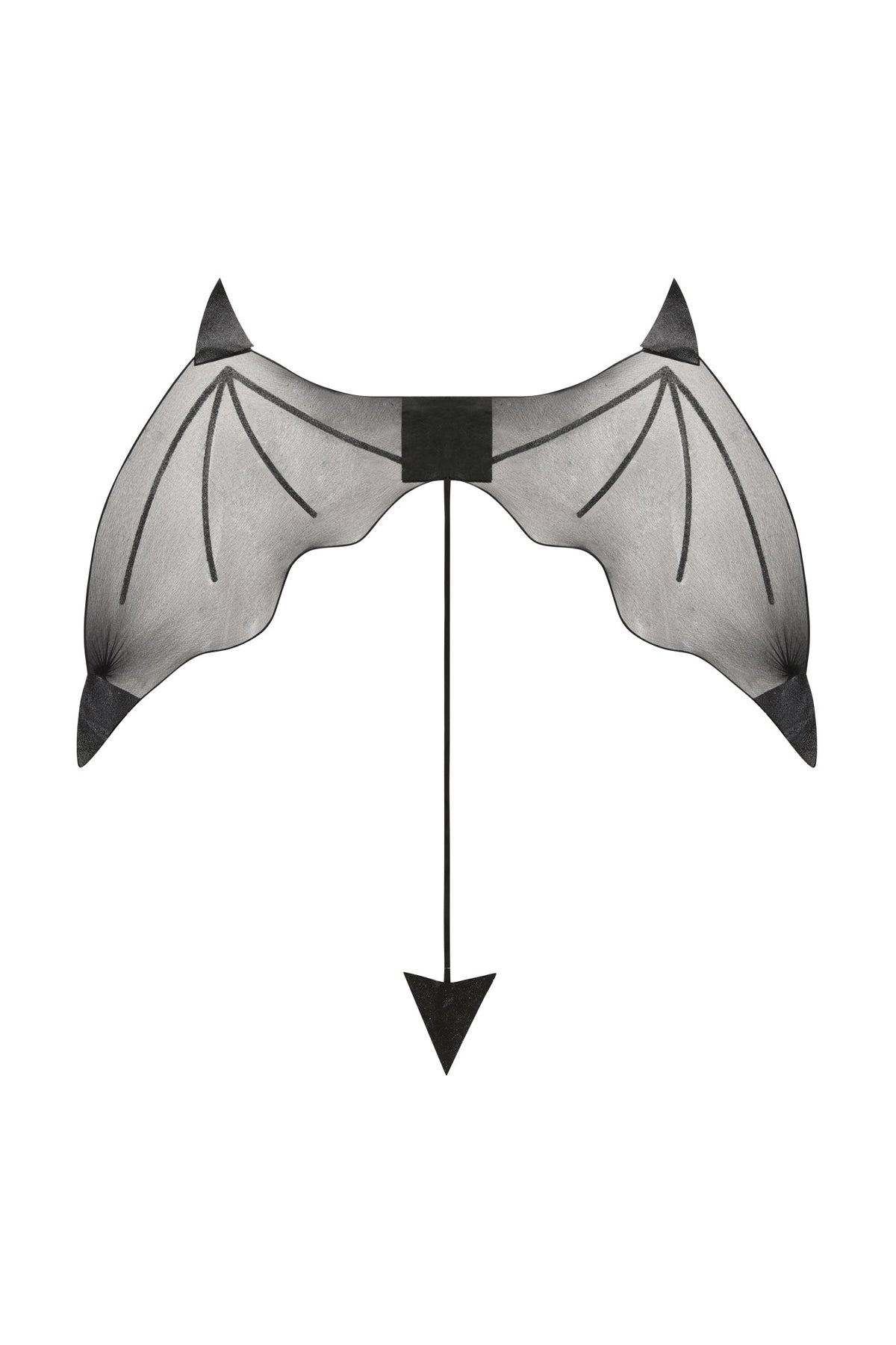 The KIARA DARK ANGEL WINGS SET - BLACK by I.AM.GIA features black bat wings with a pointed tail and small horn-like accents on top, designed to be worn on the back like dramatic angel wings—perfect for finishing off a dark angel costume. Isolated on a white background.