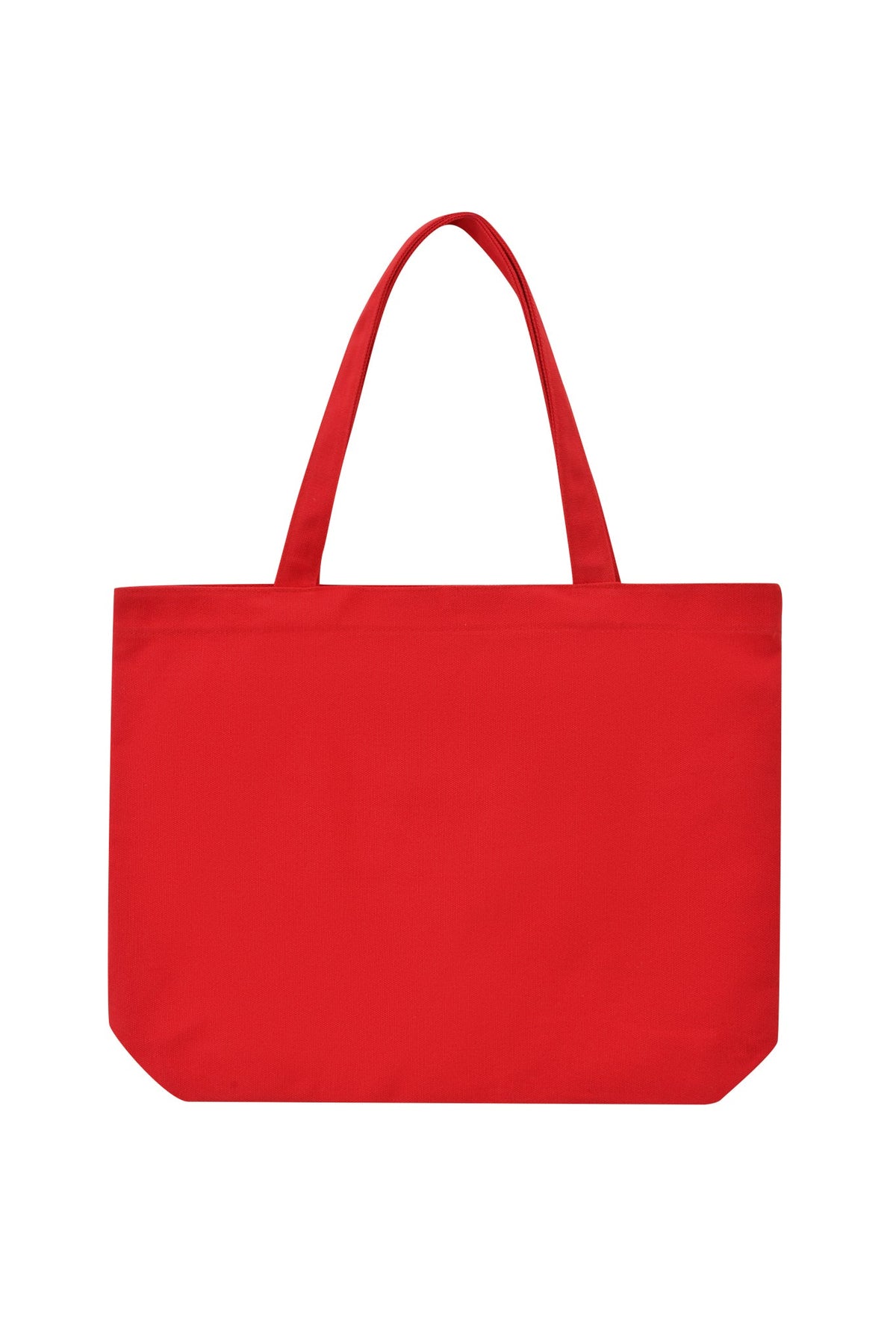 The T-REX TOTE BAG - RED by I.AM.GIA features two matching handles in bold red canvas, photographed on a white background—perfect as a stylish laptop tote for daily use.