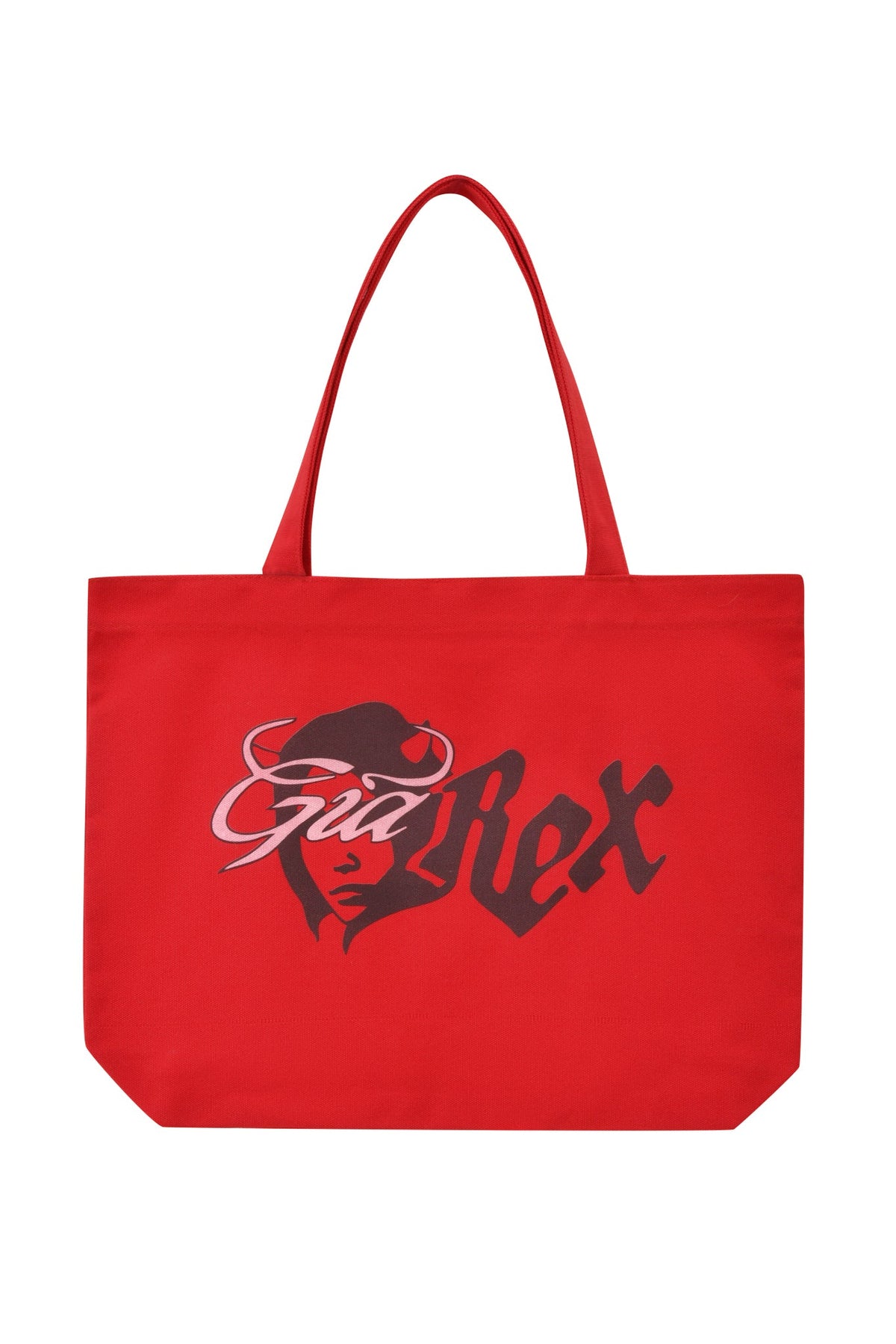 The T-REX TOTE BAG - RED by I.AM.GIA is a red canvas tote with two handles, featuring a stylized devil girl face and bold “Gia Rex” lettering on the front.