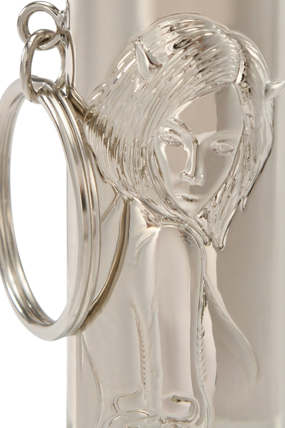 A sleek metallic T-REX LIGHTER CASE - SILVER by I.AM.GIA featuring raised 3D artwork of a woman with cat ears and flowing hair, gazing downward with a serene expression.