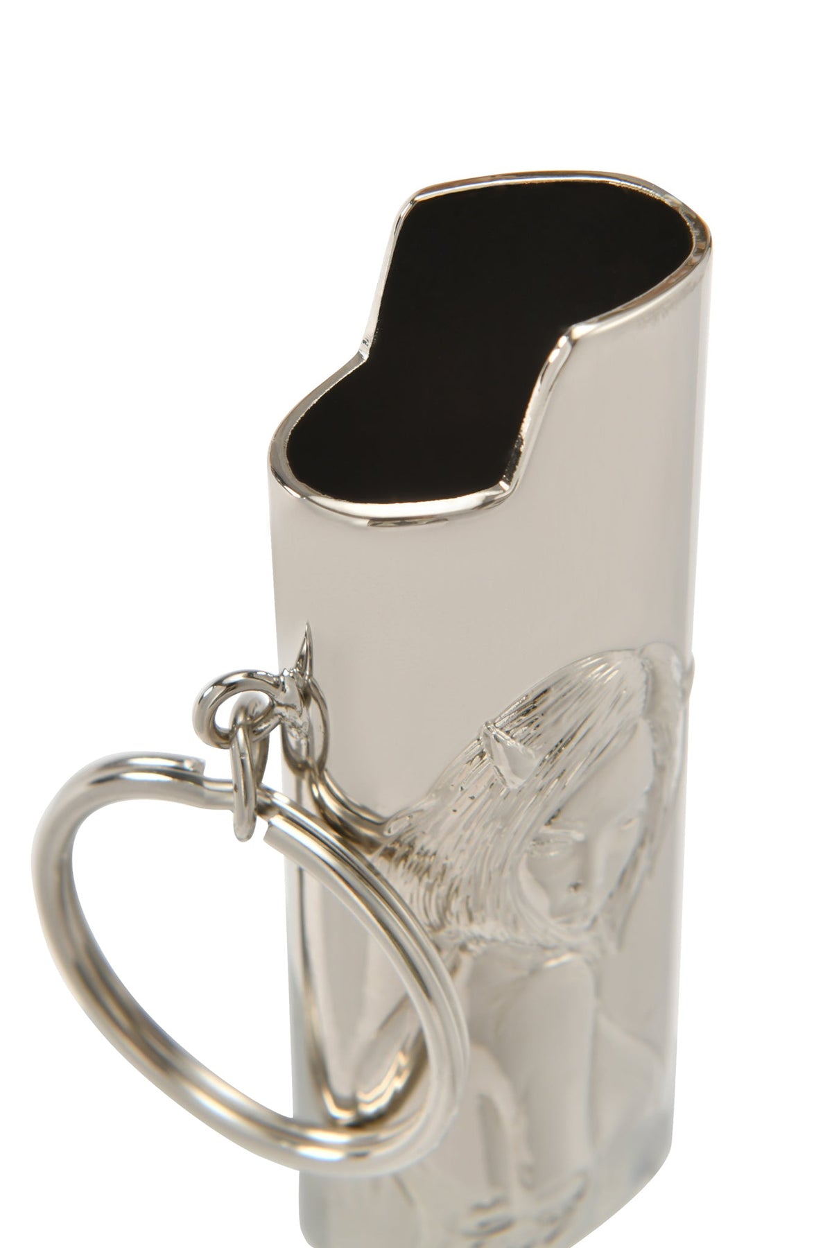 Close-up of the T-REX LIGHTER CASE - SILVER by I.AM.GIA, featuring 3D custom artwork and an open oval top, designed as a unique BIC lighter holder, set against a white background.