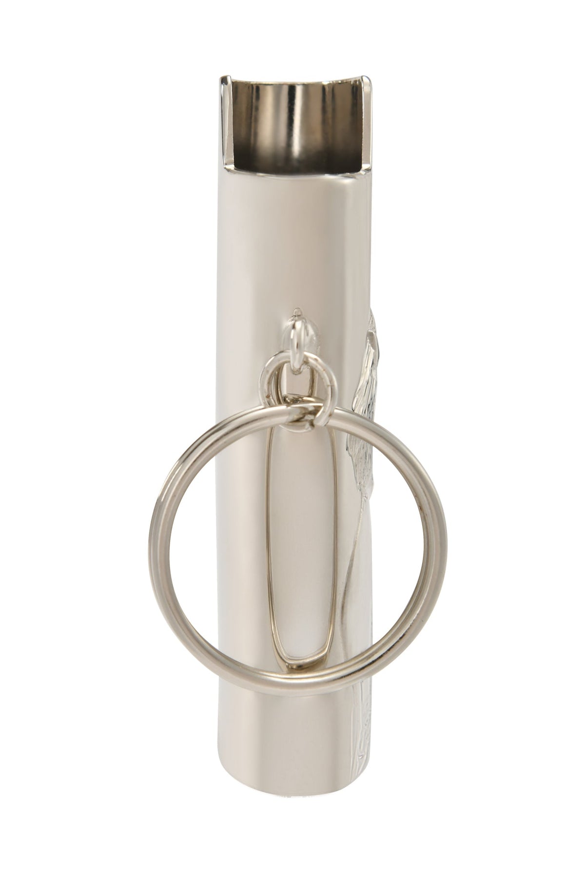 A shiny metallic whistle with a round keyring sits beside the T-REX LIGHTER CASE - SILVER by I.AM.GIA, both photographed on a plain white background.