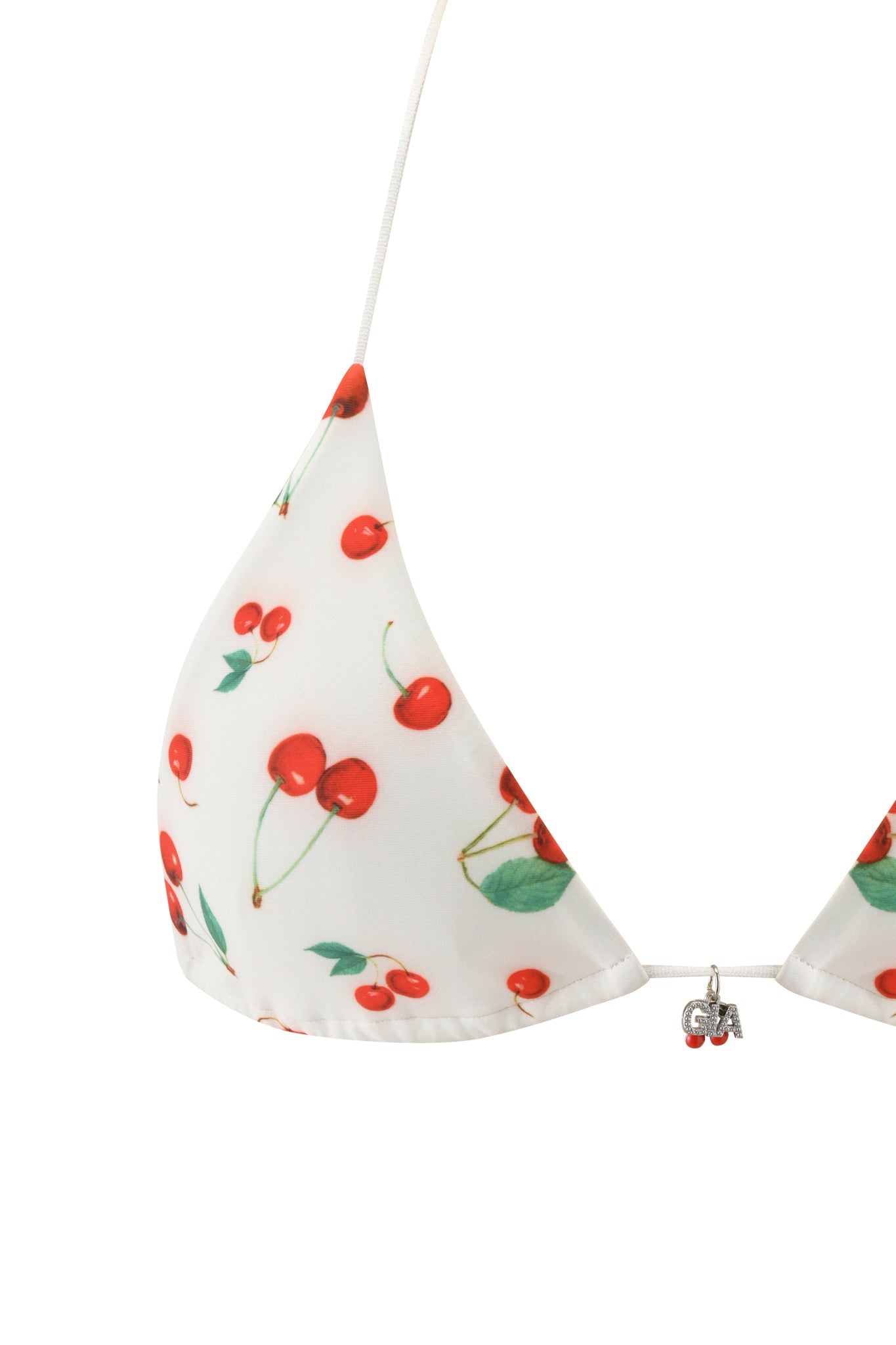 A close-up of the I.AM.GIA BAMBI BIKINI TOP - CHERRY ON TOP, featuring a center metallic "GA" charm.