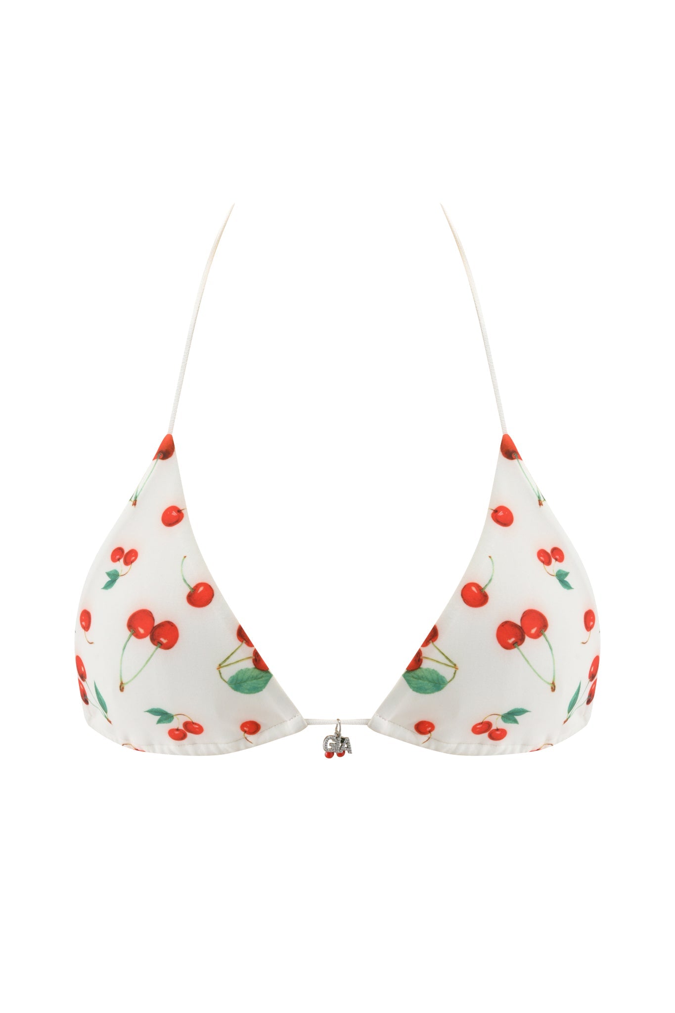 The BAMBI BIKINI TOP - CHERRY ON TOP by I.AM.GIA is a white halter-neck micro bikini top featuring red cherries, green leaves, and a small cherry charm at the center front.