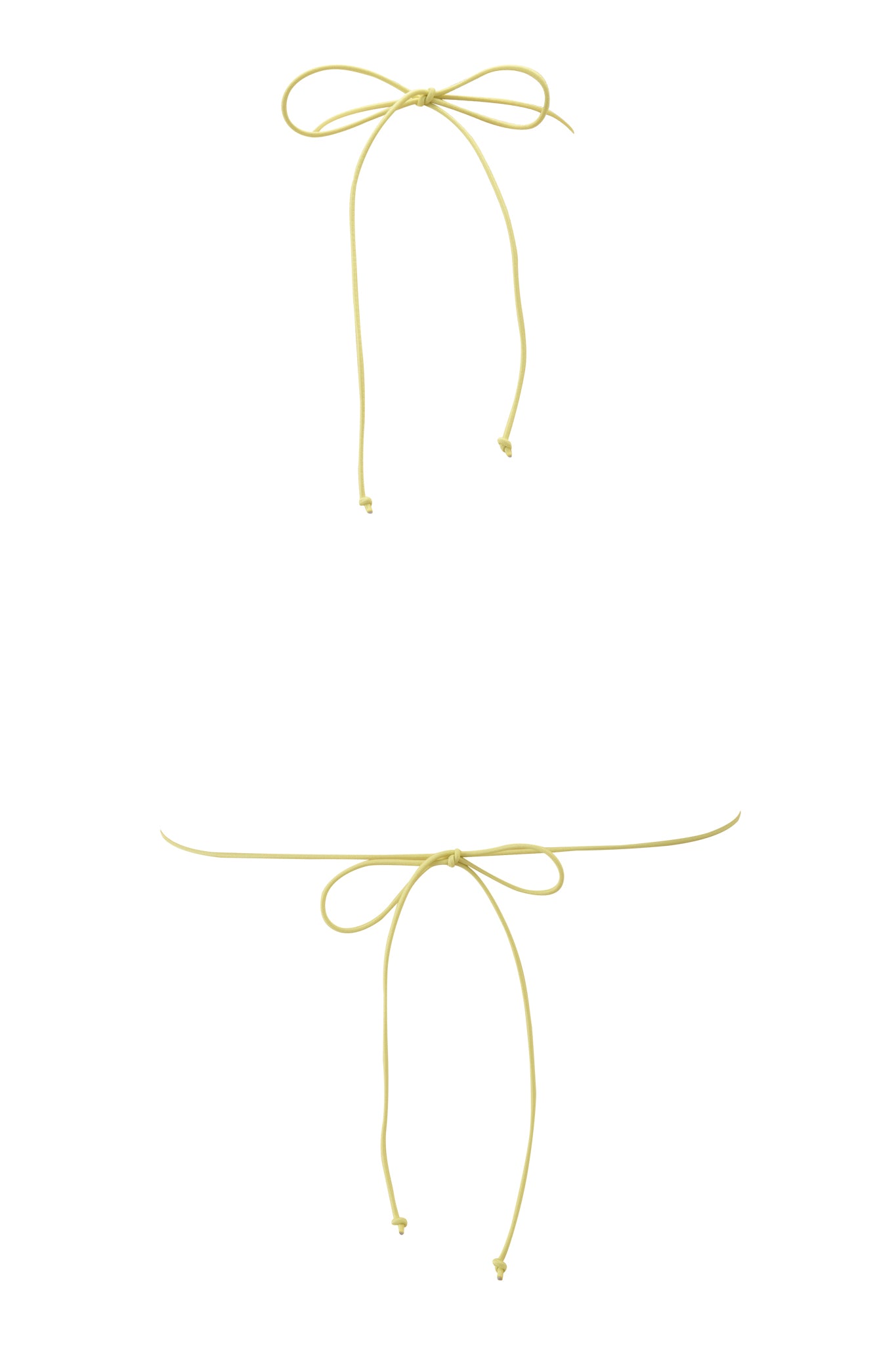 Two thin, light yellow strings tied in simple bows—evoking the delicate ties of the I.AM.GIA BAMBI BIKINI TOP in yellow—one at the top center and one below, set against a plain white background.