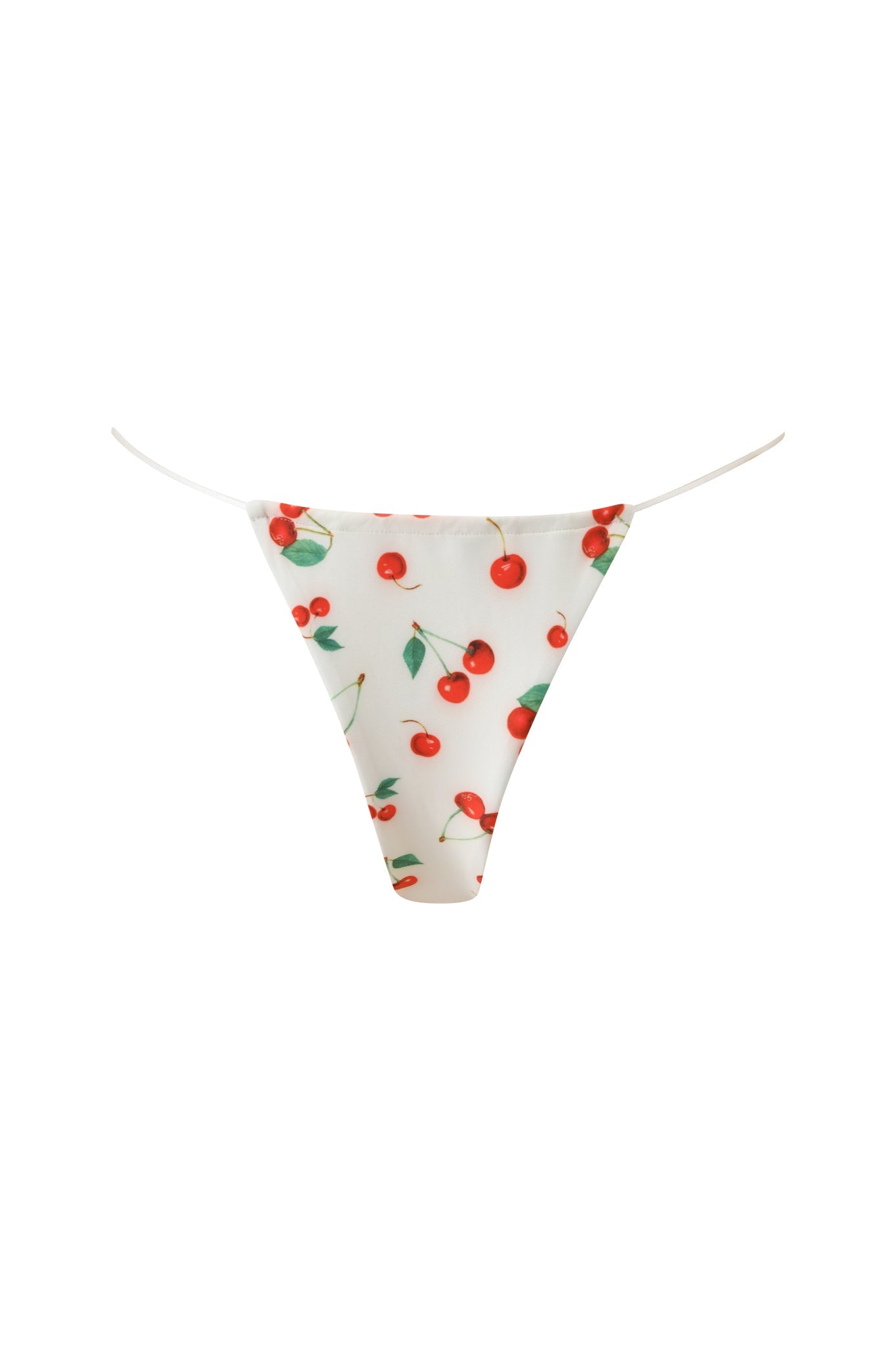 The I.AM.GIA BAMBI BIKINI BOTTOM - CHERRY ON TOP features a white cheeky fit with thin side straps and a cherry print, shown on a plain white background.