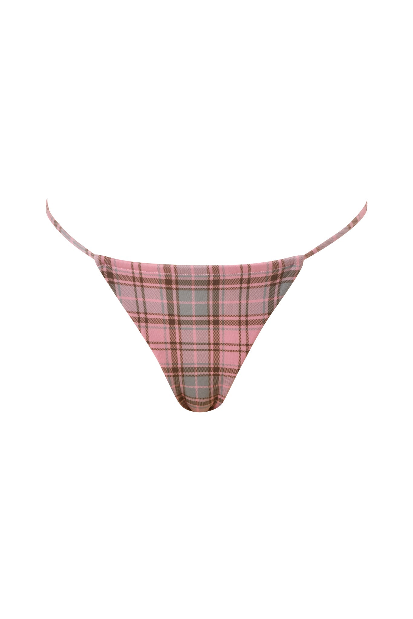 The I.AM.GIA BRITT BIKINI BOTTOM in pink plaid features thin side straps and a cheeky cut, shown against a white background.