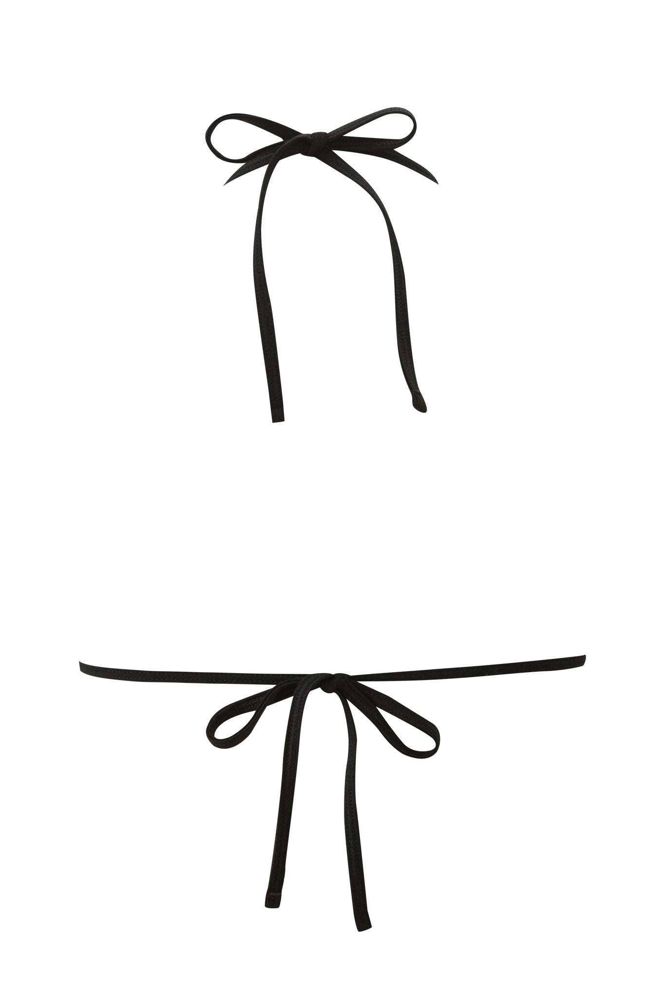 Two black string ties, each in a neat bow, are displayed on a white background—ideal for styling with your I.AM.GIA ALOHI BIKINI TOP - BLACK. One bow appears at the top and the other at the bottom of the image.