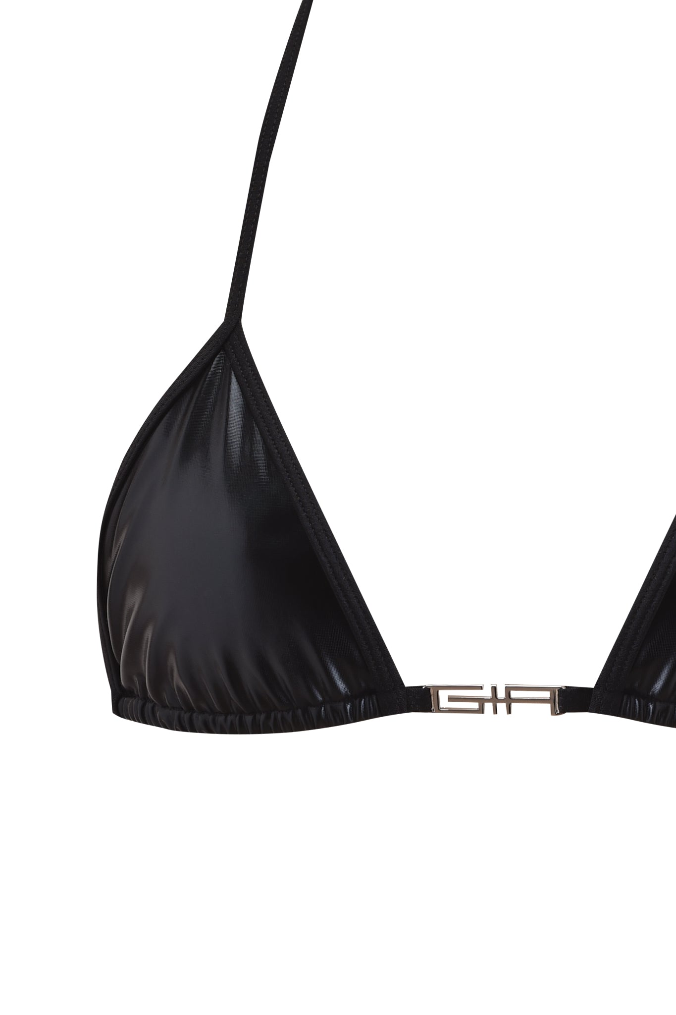 Close-up of the I.AM.GIA ALOHI BIKINI TOP - BLACK, featuring shimmer fabric, thin straps, and a front metallic clasp that accentuates its sleek triangle bikini design.