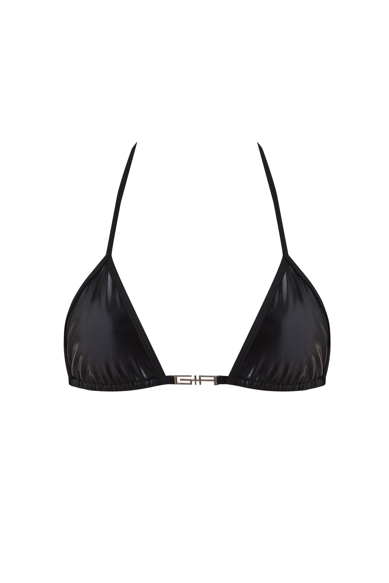 The ALOHI BIKINI TOP - BLACK by I.AM.GIA features a signature metallic triangle design, shimmer black fabric, thin straps, and a small metallic front-center clasp.