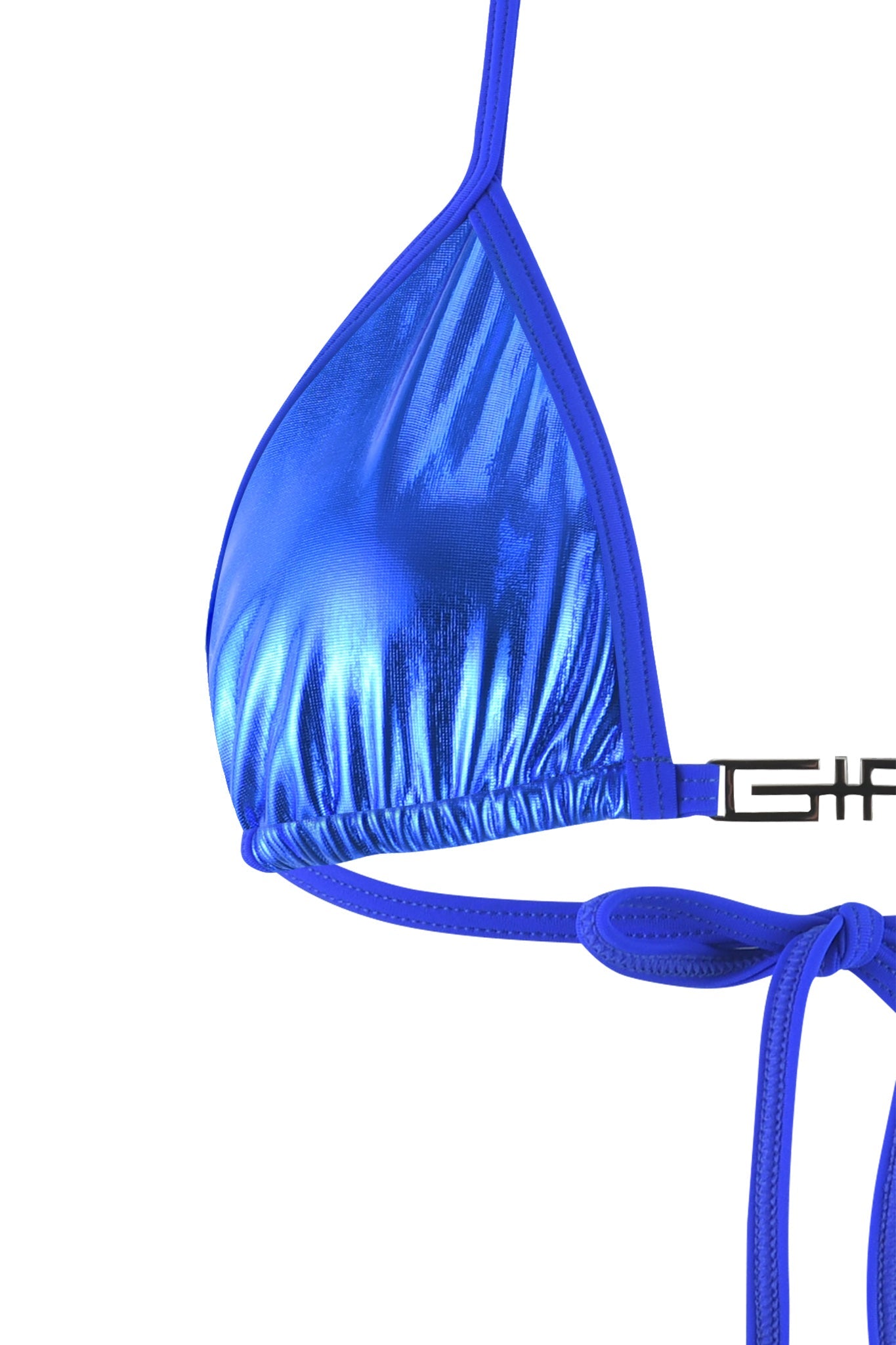 Close-up image of the ALOHI BIKINI TOP in cobalt blue from I.AM.GIA. This bikini top features a triangle-shaped cup with ruched detailing at the bottom and adjustable ties. The fabric has a shiny, reflective surface, giving it a vibrant and glossy appearance.