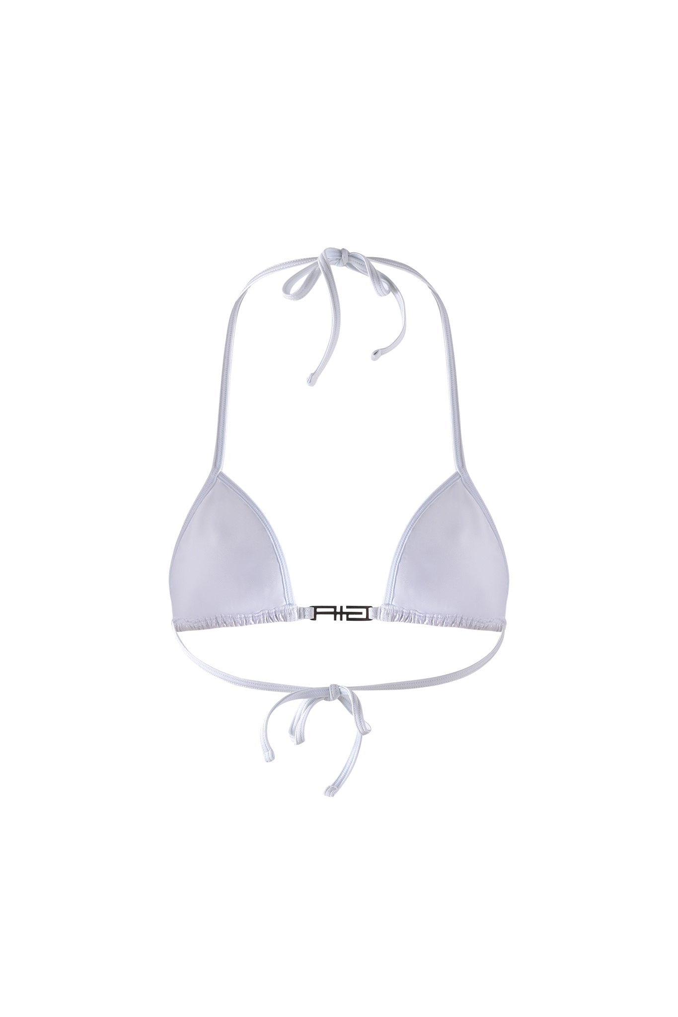 The ALOHI BIKINI TOP - WHITE : PEARL from I.AM.GIA is a white string triangle bikini top featuring a halter neck tie and back tie. It offers adjustable strings for a customizable fit and showcases a minimalist design without any patterns or embellishments.