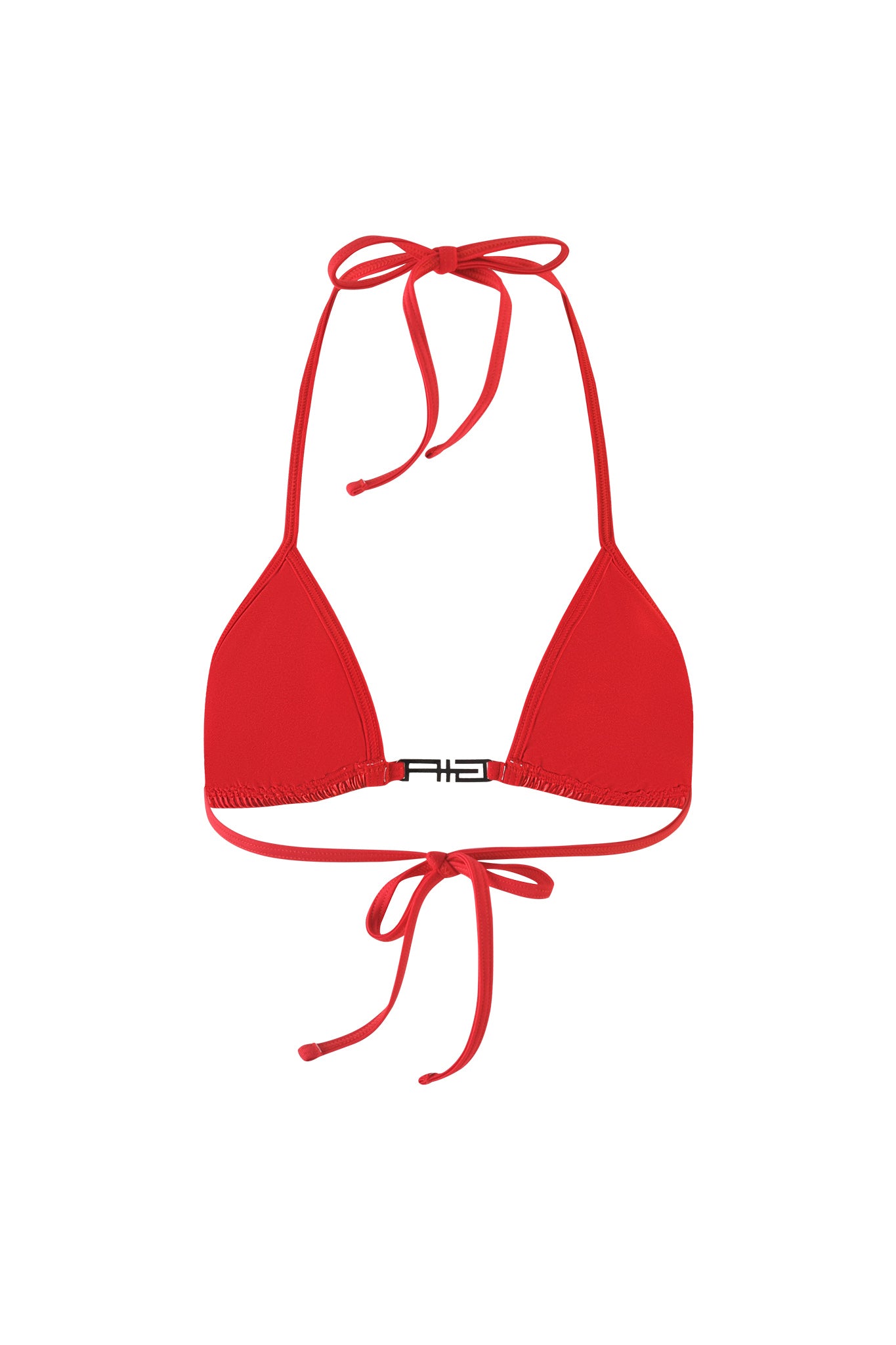 The ALOHI BIKINI TOP - RED from I.AM.GIA is a vivid red triangle bikini top with delicate straps that tie at the neck and back. The center features a small black rectangular clasp, and it is showcased against a plain white background.