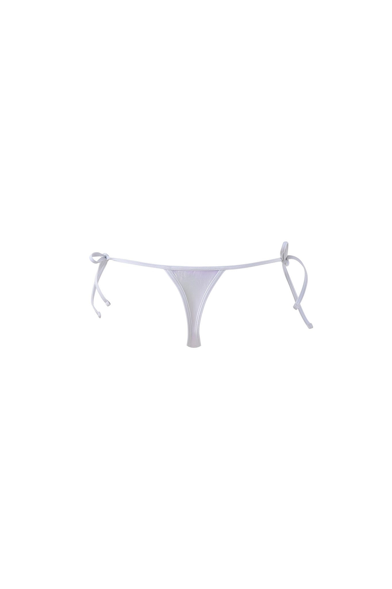 The ALOHI BIKINI BOTTOM - WHITE : PEARL by I.AM.GIA, featuring thin ties on either side, is displayed against a plain white background. The fabric appears smooth and slightly reflective.