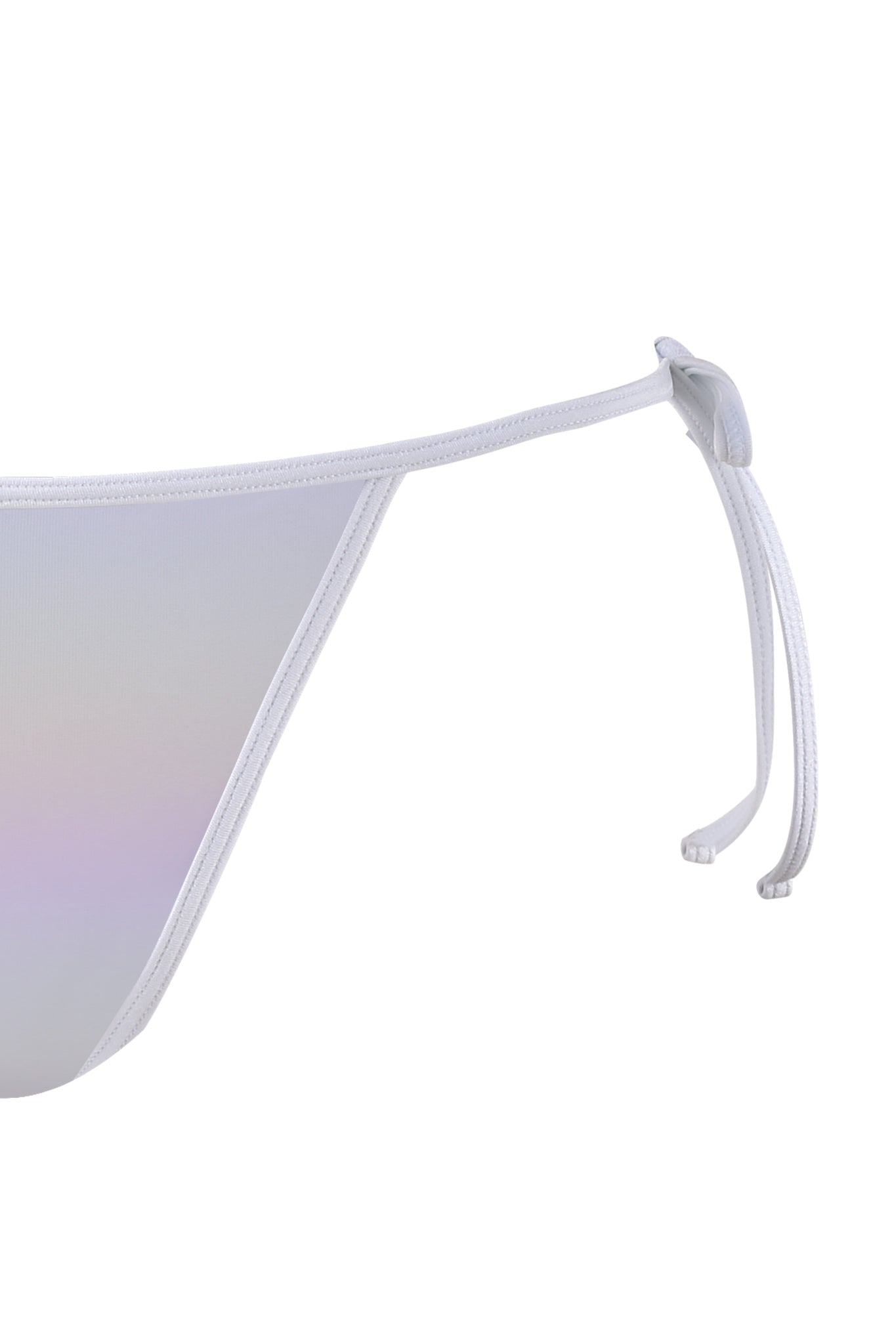 Close-up of the side tie of the ALOHI BIKINI BOTTOM - WHITE : PEARL from I.AM.GIA. The material appears to have a soft, iridescent sheen, and the tie strings are secured in a neat bow. The background is plain white, highlighting the clean design of this sleek swimwear piece.