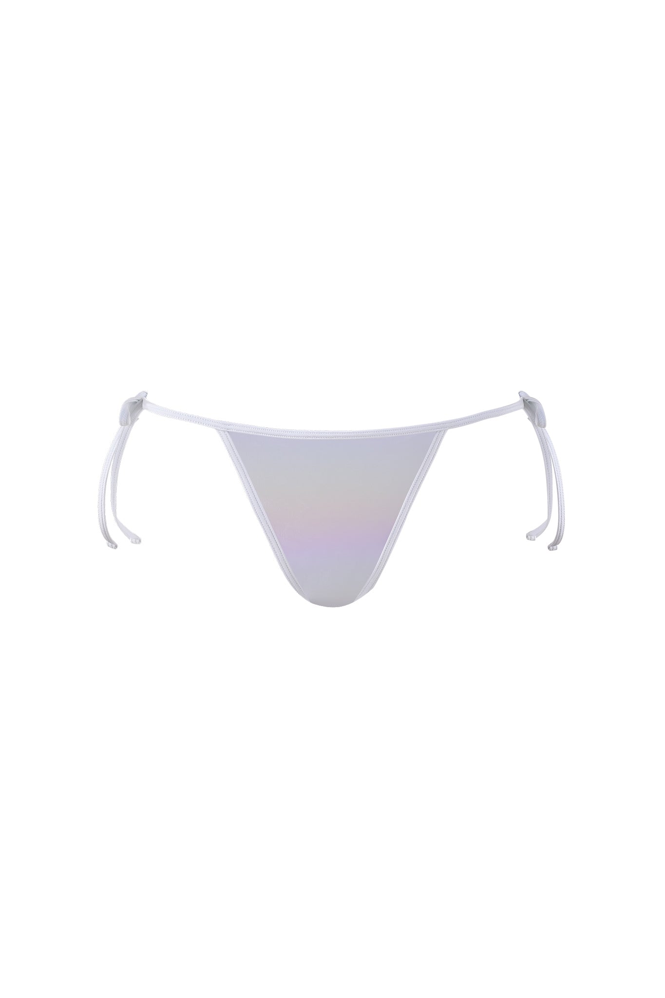 The ALOHI BIKINI BOTTOM - WHITE : PEARL by I.AM.GIA is a minimalist white bikini bottom featuring side ties on a white background. The side strings are tied into small bows, creating a sleek and simple design.