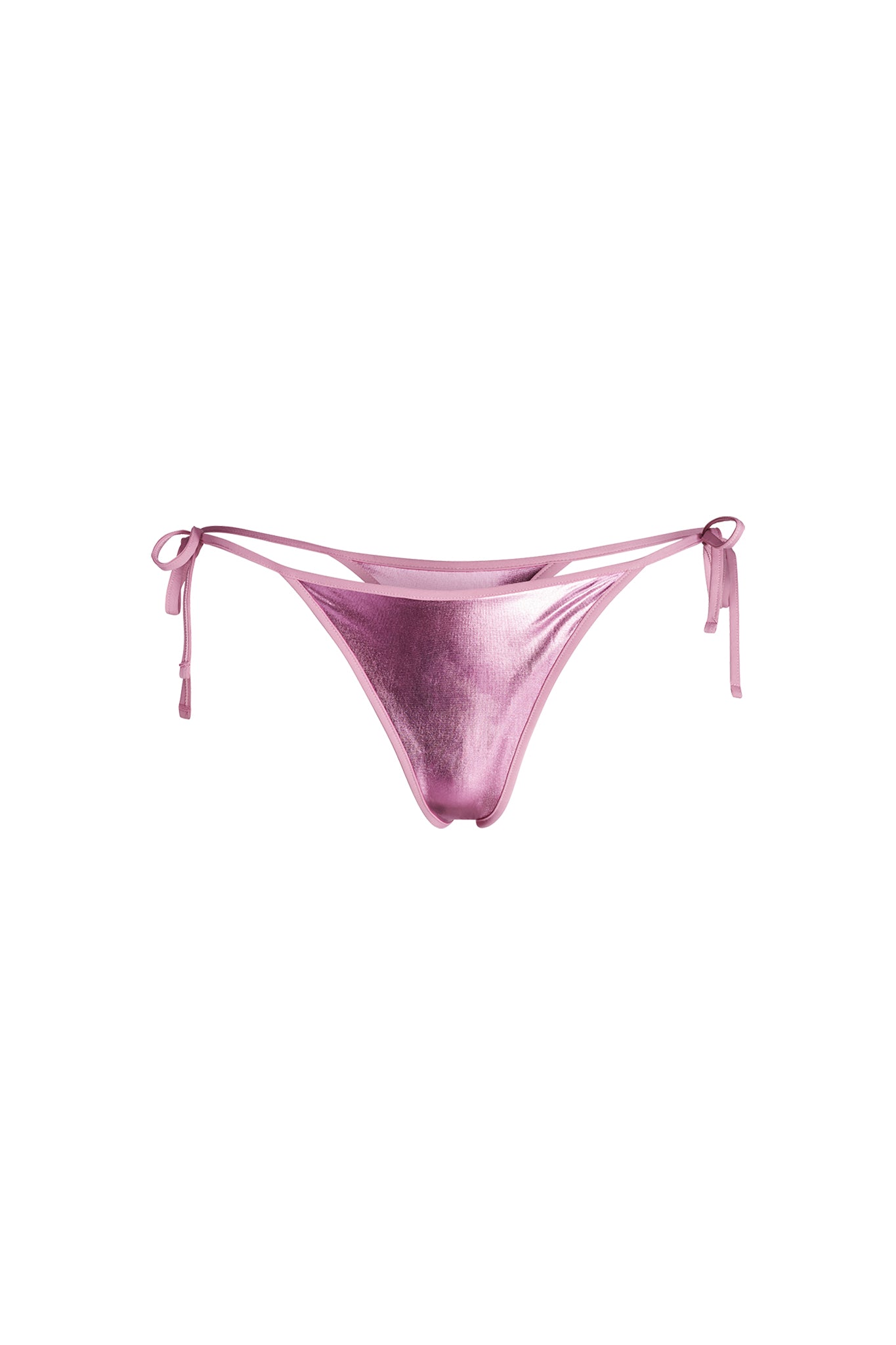 Introducing the ALOHI BIKINI BOTTOM - PINK from I.AM.GIA: A pair of metallic pink, low-rise bikini bottoms with side ties, set against a white background. The shiny metallic fabrication gives it a stylish and modern look. This cheeky bikini bottom also features adjustable side ties for a customizable fit.