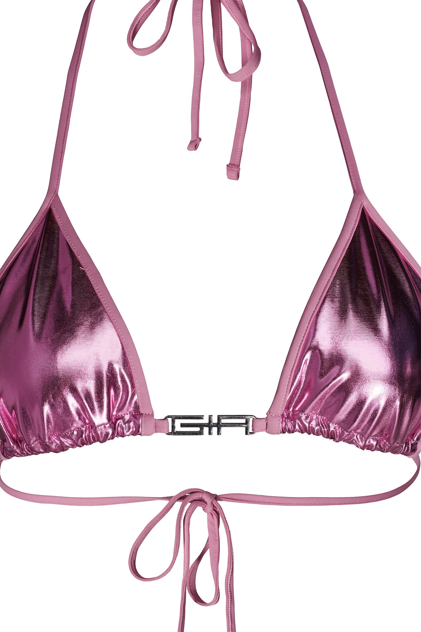 The ALOHI BIKINI TOP - PINK from I.AM.GIA is a shiny pink metallic bikini top with a halter neck and back tie. It features a clasp in the center front for added detail, and the material has a reflective, glossy finish.