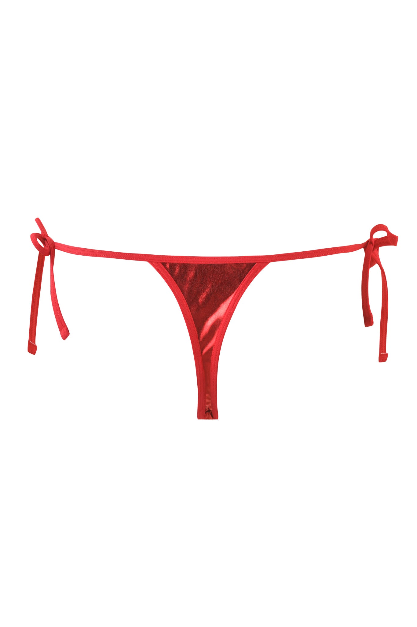The ALOHI BIKINI BOTTOM - RED from I.AM.GIA, featuring string ties on each side and displayed against a white background, embody the edgy style of the brand.