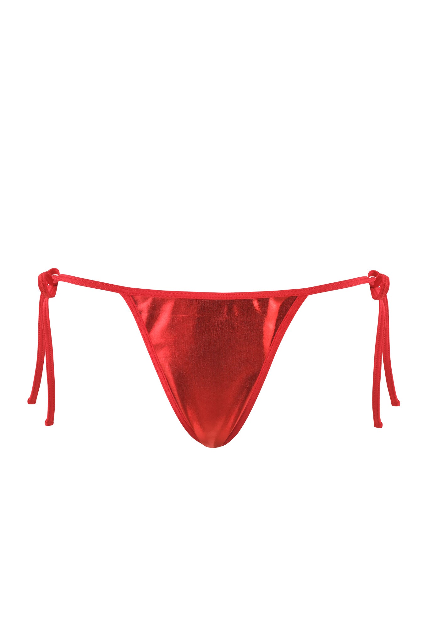 The ALOHI BIKINI BOTTOM - RED from I.AM.GIA is displayed against a plain white background. This metallic string bikini bottom features a minimalist design with thin side ties for an adjustable fit.