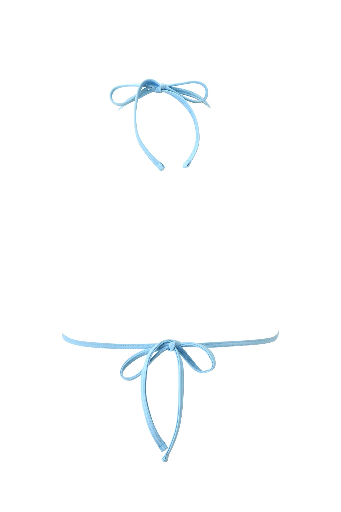 The CORDELIA BIKINI TOP - BLUE STRIPE by I.AM.GIA features a minimal light blue striped design with a bow-tied halter neck, shown against a plain white background.